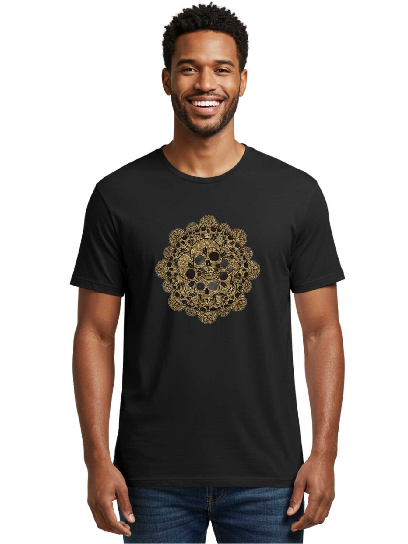 Skull-Mandala-4 Men'S Graphic Tee, 100% Cotton, Comfortable Casual Summer Wear, Machine Washable, Sugar Skulls, Floral Skull Design, Intricate Patterns, Day Of The Dead, Mexican Culture, Symbolic Art, Ornate Skulls Bad598