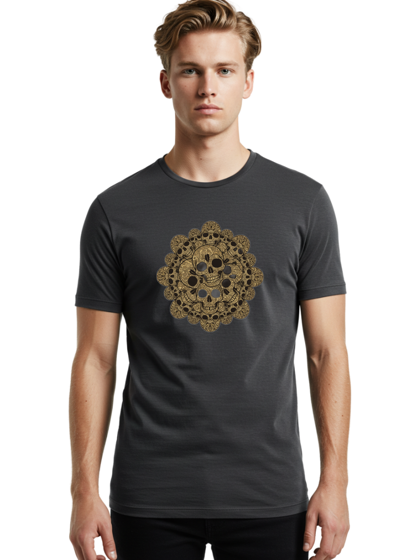 Skull-Mandala-4 Men'S Graphic Tee, 100% Cotton, Comfortable Casual Summer Wear, Machine Washable, Sugar Skulls, Floral Skull Design, Intricate Patterns, Day Of The Dead, Mexican Culture, Symbolic Art, Ornate Skulls Bad598