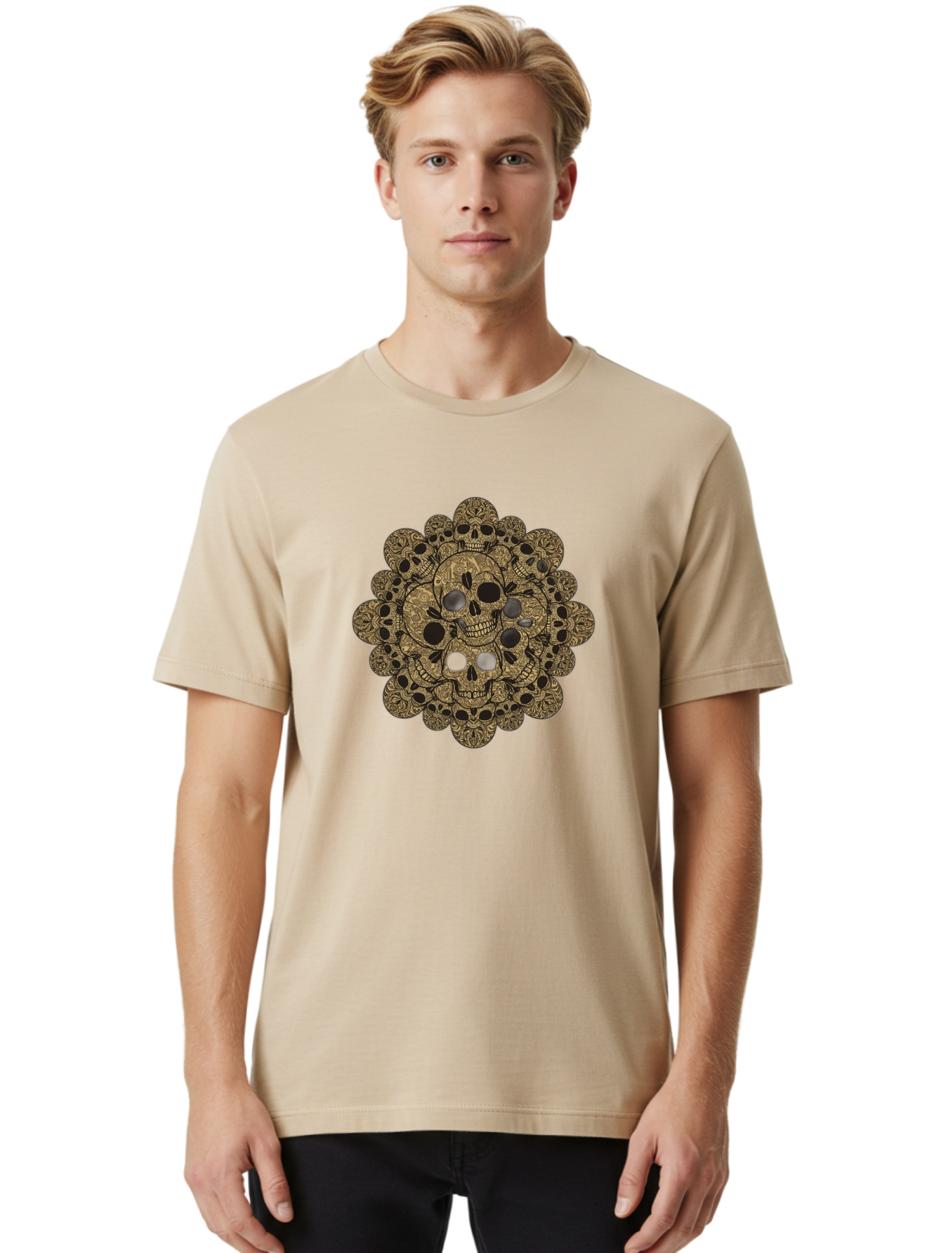 Skull-Mandala-4 Men'S Graphic Tee, 100% Cotton, Comfortable Casual Summer Wear, Machine Washable, Sugar Skulls, Floral Skull Design, Intricate Patterns, Day Of The Dead, Mexican Culture, Symbolic Art, Ornate Skulls Bad598