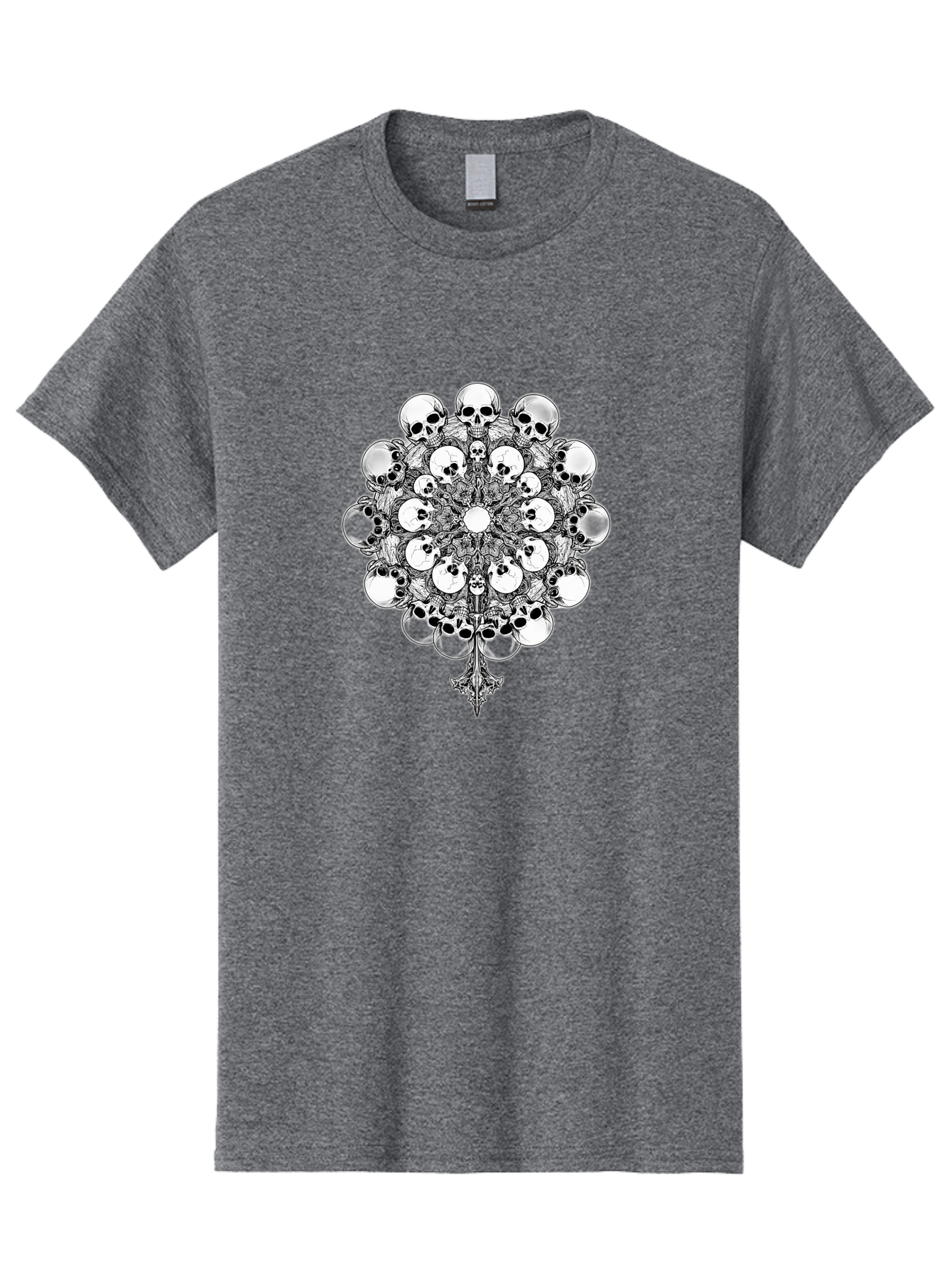 Skull-Mandala-5 Men'S Graphic Tee, 100% Cotton, Comfortable Casual Summer Wear, Machine Washable, Skull Art, Mandala Design, Intricate Patterns, Floral Motifs, Death Symbolism, Mystical Imagery, Gothic Style, Dark Art, Ornate Details Bad599
