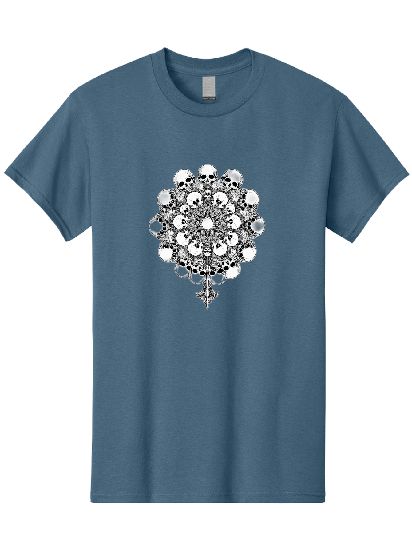 Skull-Mandala-5 Men'S Graphic Tee, 100% Cotton, Comfortable Casual Summer Wear, Machine Washable, Skull Art, Mandala Design, Intricate Patterns, Floral Motifs, Death Symbolism, Mystical Imagery, Gothic Style, Dark Art, Ornate Details Bad599