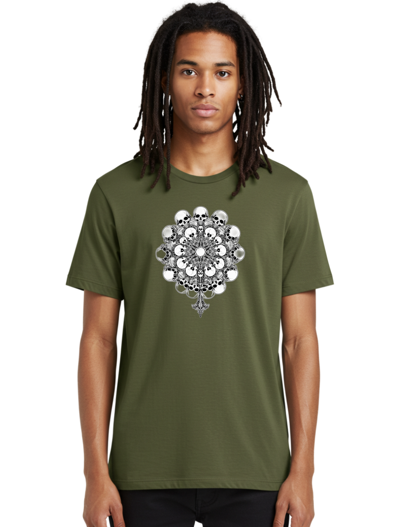 Skull-Mandala-5 Men'S Graphic Tee, 100% Cotton, Comfortable Casual Summer Wear, Machine Washable, Skull Art, Mandala Design, Intricate Patterns, Floral Motifs, Death Symbolism, Mystical Imagery, Gothic Style, Dark Art, Ornate Details Bad599
