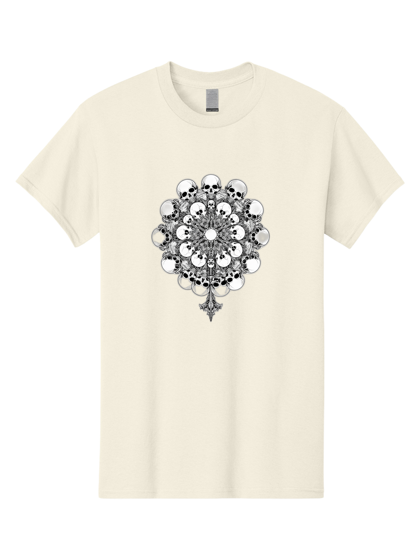 Skull-Mandala-5 Men'S Graphic Tee, 100% Cotton, Comfortable Casual Summer Wear, Machine Washable, Skull Art, Mandala Design, Intricate Patterns, Floral Motifs, Death Symbolism, Mystical Imagery, Gothic Style, Dark Art, Ornate Details Bad599