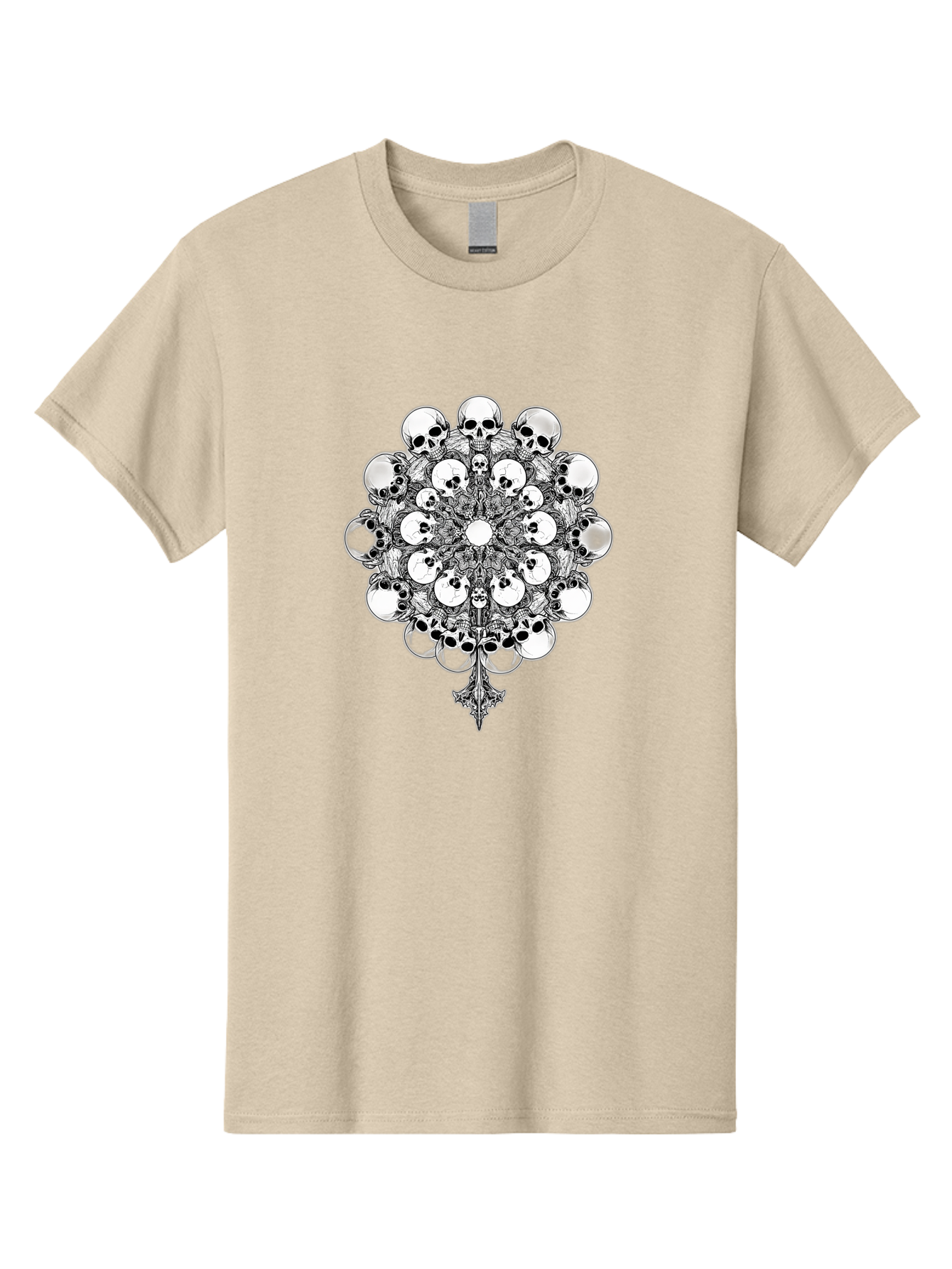 Skull-Mandala-5 Men'S Graphic Tee, 100% Cotton, Comfortable Casual Summer Wear, Machine Washable, Skull Art, Mandala Design, Intricate Patterns, Floral Motifs, Death Symbolism, Mystical Imagery, Gothic Style, Dark Art, Ornate Details Bad599
