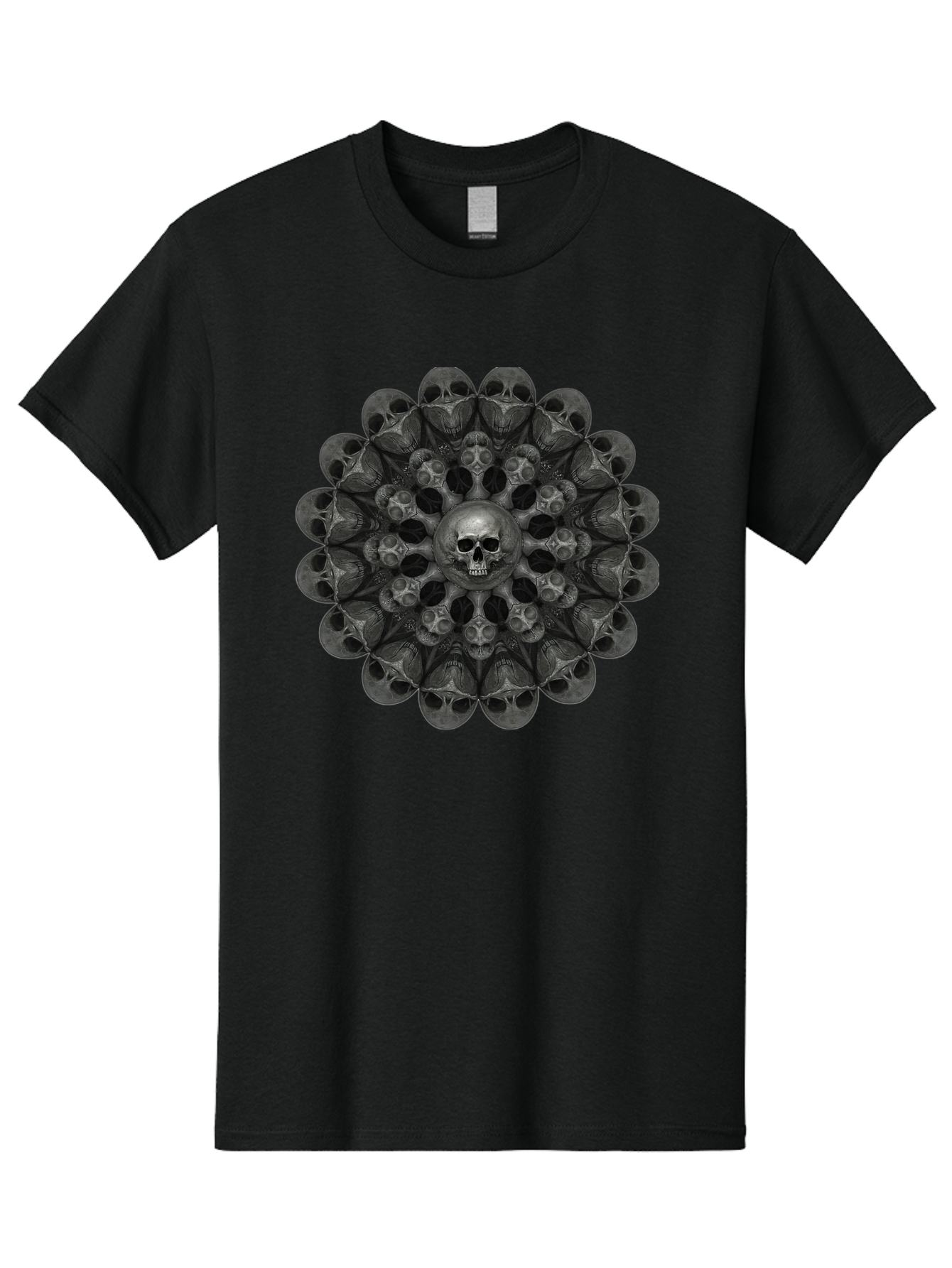 Skull-Mandala-6 Men'S Graphic Tee, 100% Cotton, Comfortable Casual Summer Wear, Machine Washable, Mandala Skull, Skull Pattern, Multiple Skulls, Gothic Art, Dark Art, Surrealism, Symbolic Imagery, Intricate Design, Mysticism, Bad600