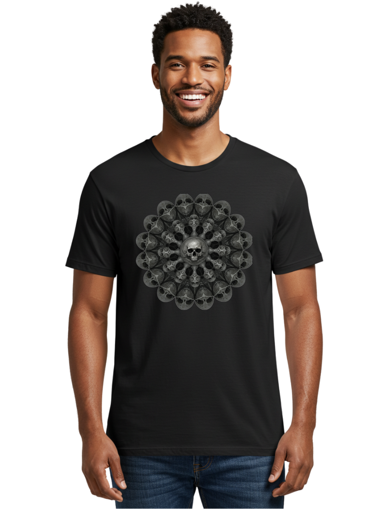 Skull-Mandala-6 Men'S Graphic Tee, 100% Cotton, Comfortable Casual Summer Wear, Machine Washable, Mandala Skull, Skull Pattern, Multiple Skulls, Gothic Art, Dark Art, Surrealism, Symbolic Imagery, Intricate Design, Mysticism, Bad600