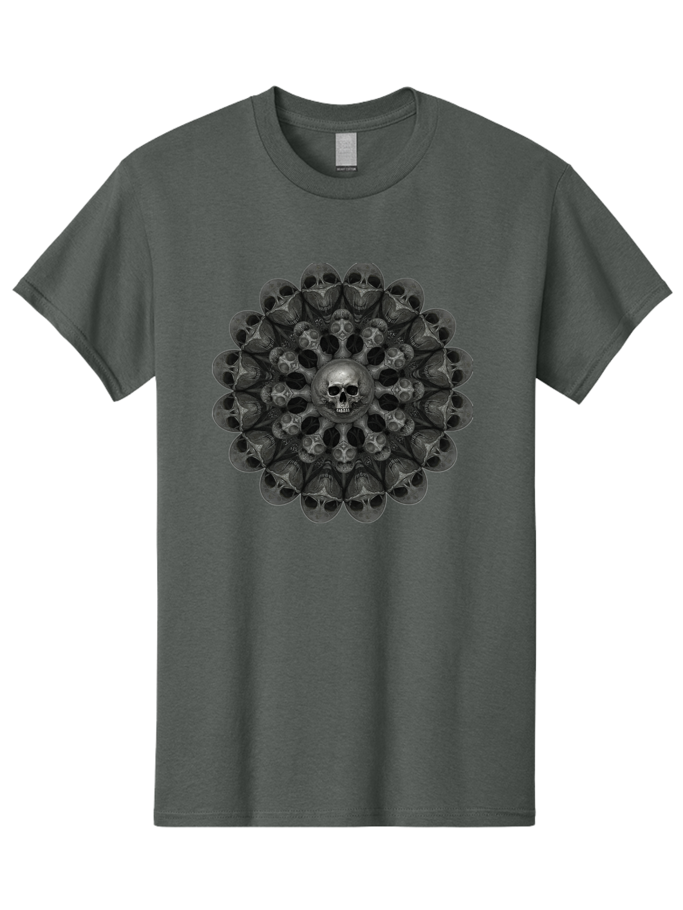 Skull-Mandala-6 Men'S Graphic Tee, 100% Cotton, Comfortable Casual Summer Wear, Machine Washable, Mandala Skull, Skull Pattern, Multiple Skulls, Gothic Art, Dark Art, Surrealism, Symbolic Imagery, Intricate Design, Mysticism, Bad600