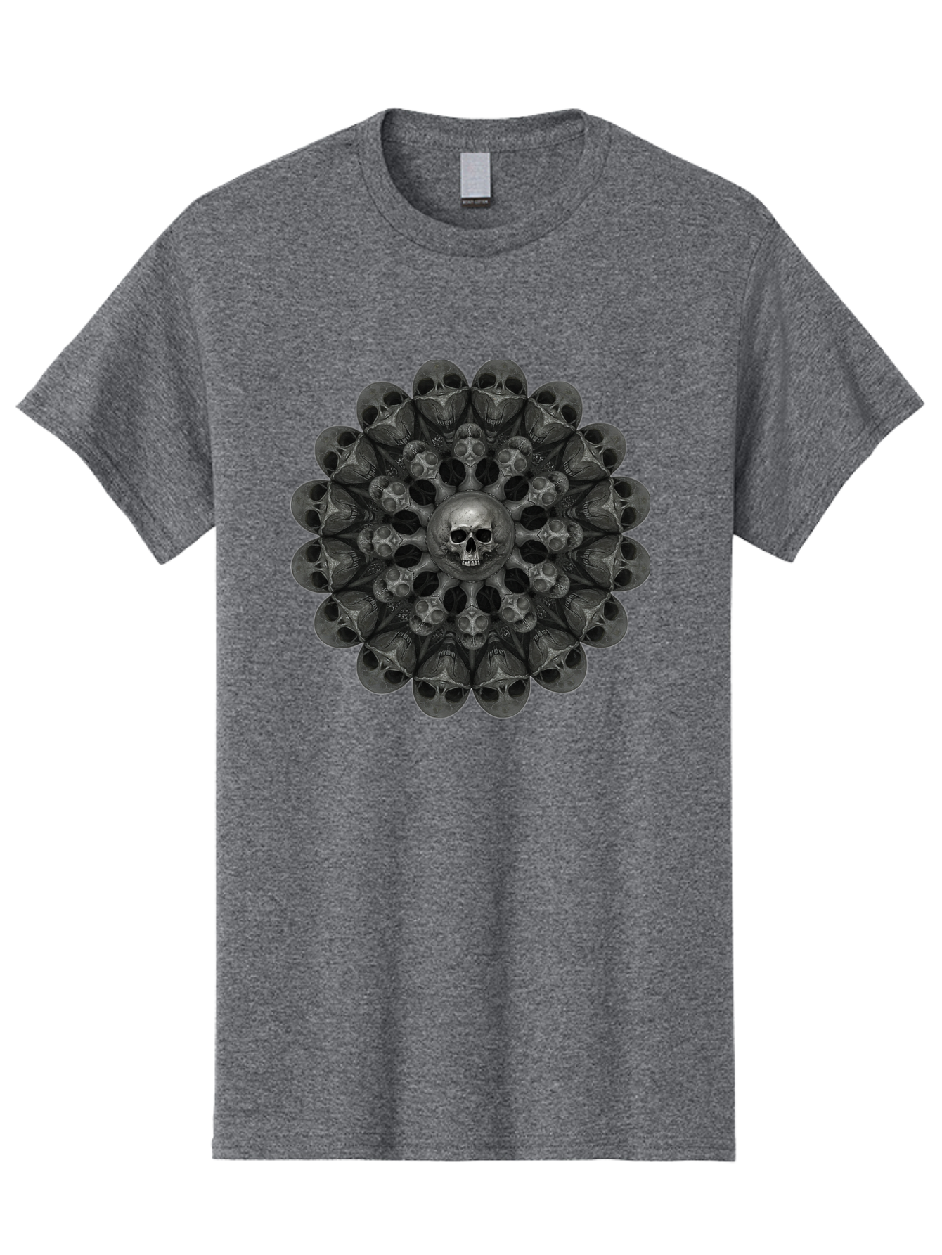 Skull-Mandala-6 Men'S Graphic Tee, 100% Cotton, Comfortable Casual Summer Wear, Machine Washable, Mandala Skull, Skull Pattern, Multiple Skulls, Gothic Art, Dark Art, Surrealism, Symbolic Imagery, Intricate Design, Mysticism, Bad600