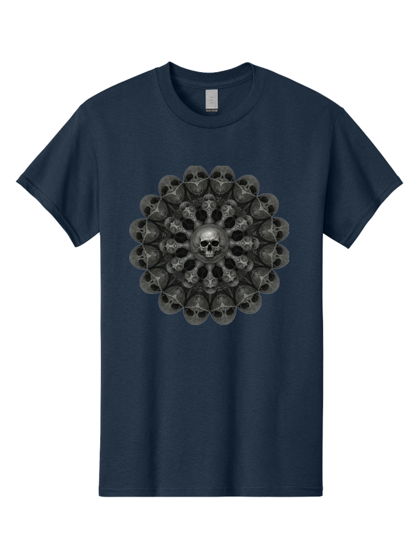 Skull-Mandala-6 Men'S Graphic Tee, 100% Cotton, Comfortable Casual Summer Wear, Machine Washable, Mandala Skull, Skull Pattern, Multiple Skulls, Gothic Art, Dark Art, Surrealism, Symbolic Imagery, Intricate Design, Mysticism, Bad600