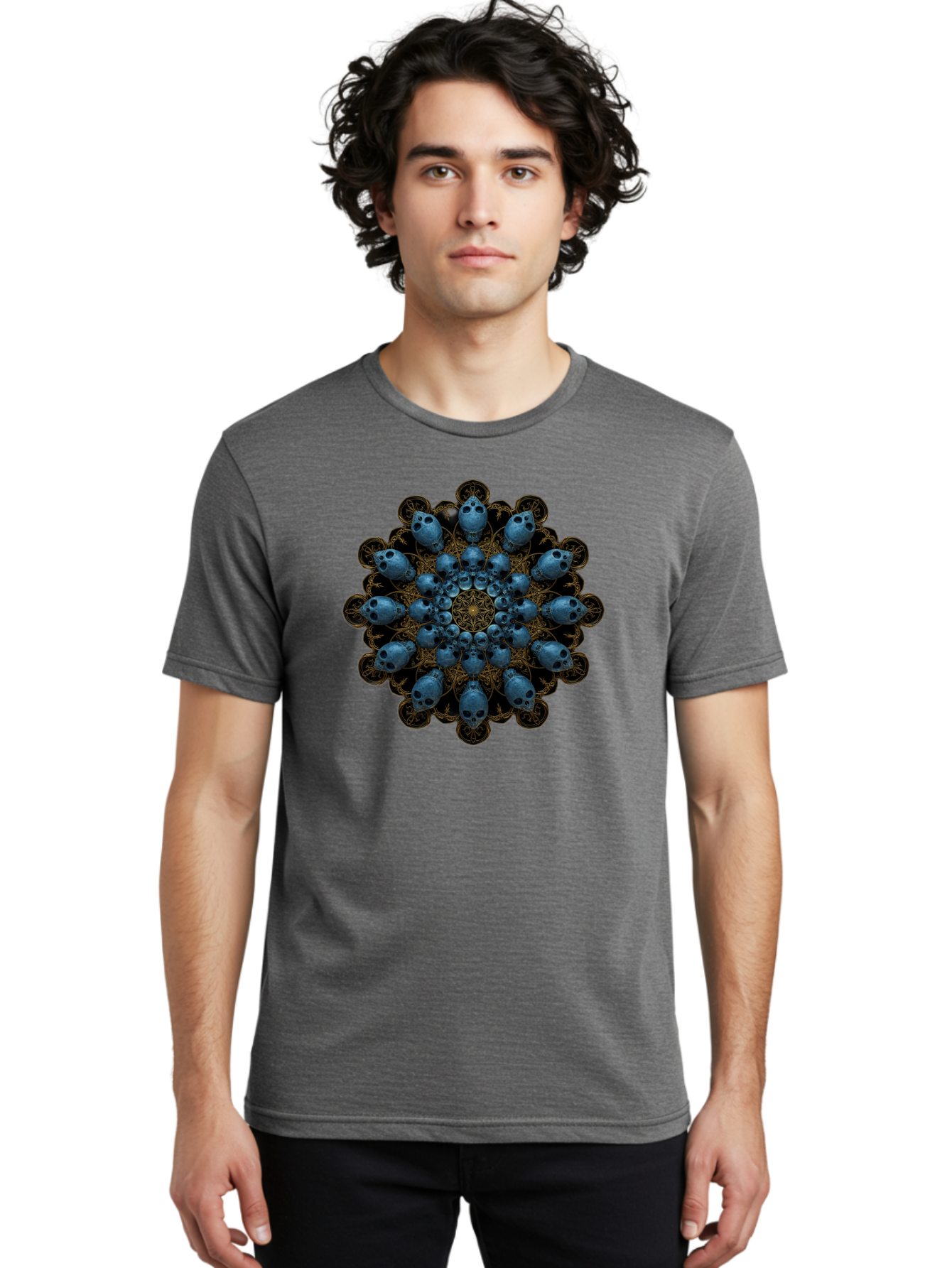 Skull-Mandala-7 Men'S Graphic Tee, 100% Cotton, Comfortable Casual Summer Wear, Machine Washable, Skull Mandala, Symmetrical Design, Intricate Patterns, Gothic Art, Mystical Symbols, Skulls, Mandala Art, Surreal Imagery, Mysterious, Bad601