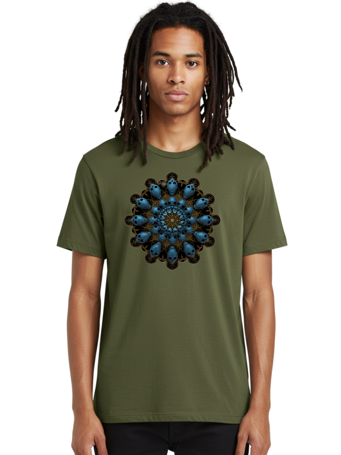 Skull-Mandala-7 Men'S Graphic Tee, 100% Cotton, Comfortable Casual Summer Wear, Machine Washable, Skull Mandala, Symmetrical Design, Intricate Patterns, Gothic Art, Mystical Symbols, Skulls, Mandala Art, Surreal Imagery, Mysterious, Bad601