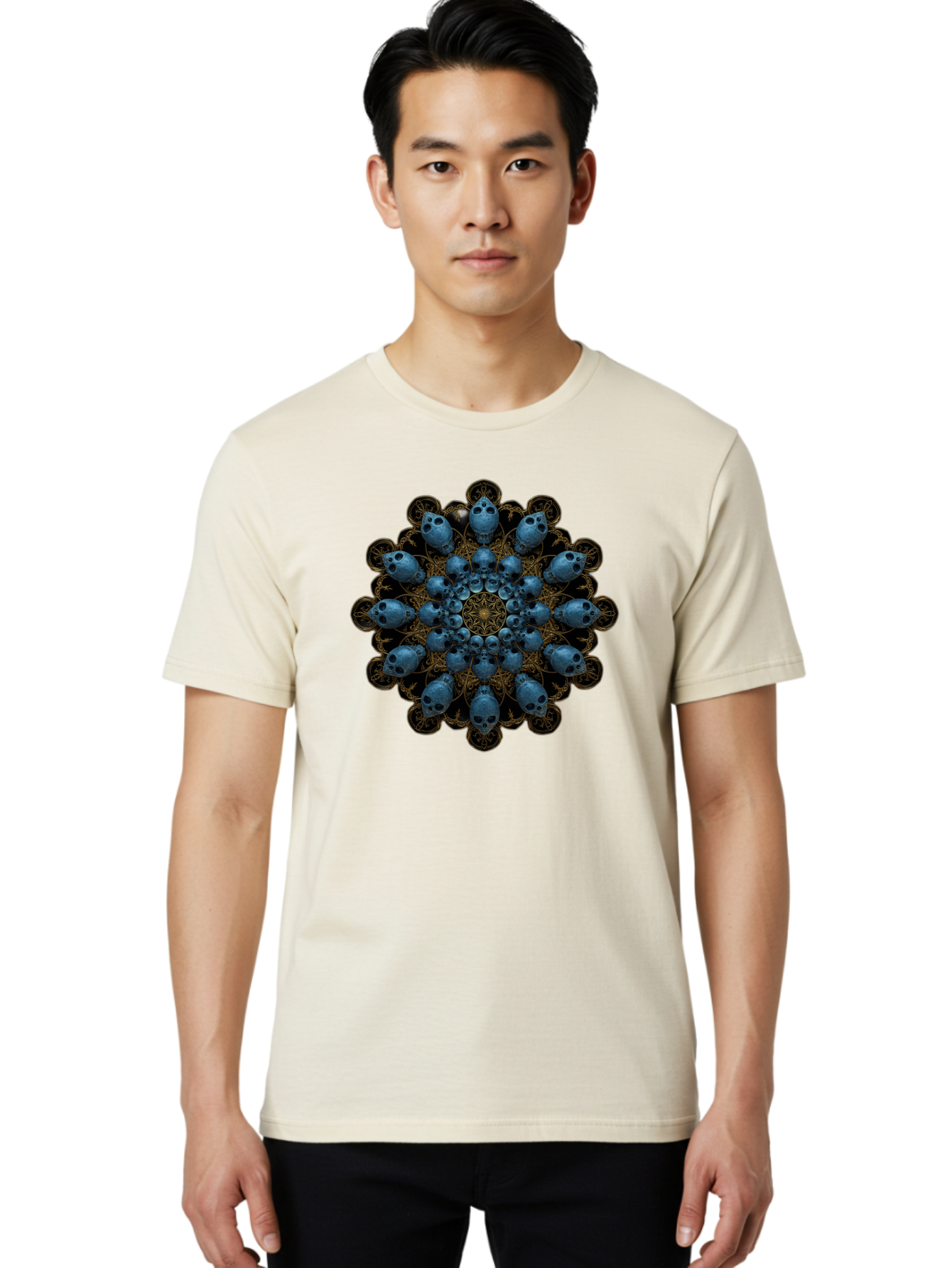 Skull-Mandala-7 Men'S Graphic Tee, 100% Cotton, Comfortable Casual Summer Wear, Machine Washable, Skull Mandala, Symmetrical Design, Intricate Patterns, Gothic Art, Mystical Symbols, Skulls, Mandala Art, Surreal Imagery, Mysterious, Bad601