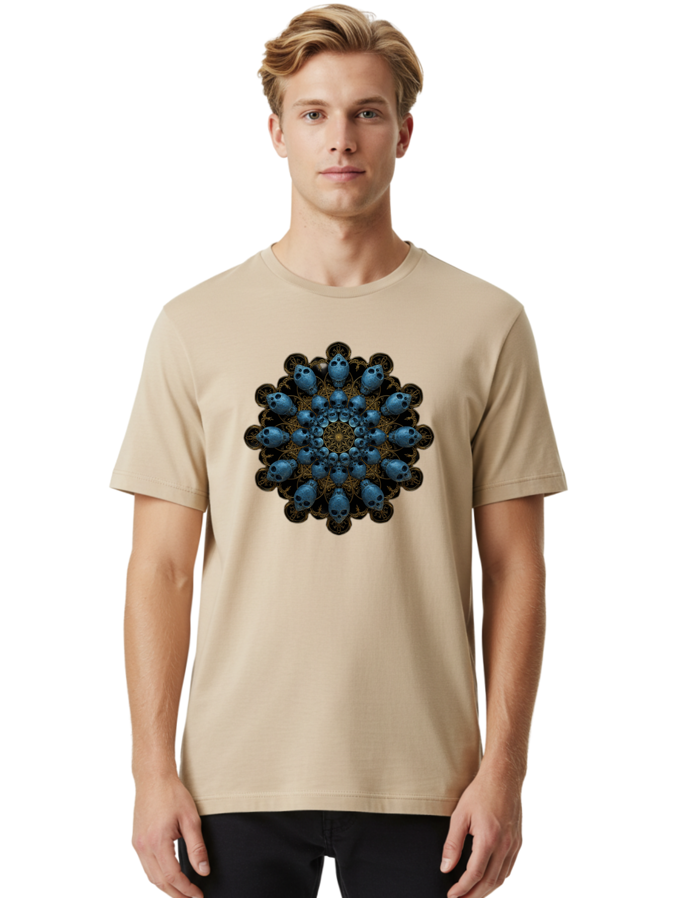 Skull-Mandala-7 Men'S Graphic Tee, 100% Cotton, Comfortable Casual Summer Wear, Machine Washable, Skull Mandala, Symmetrical Design, Intricate Patterns, Gothic Art, Mystical Symbols, Skulls, Mandala Art, Surreal Imagery, Mysterious, Bad601