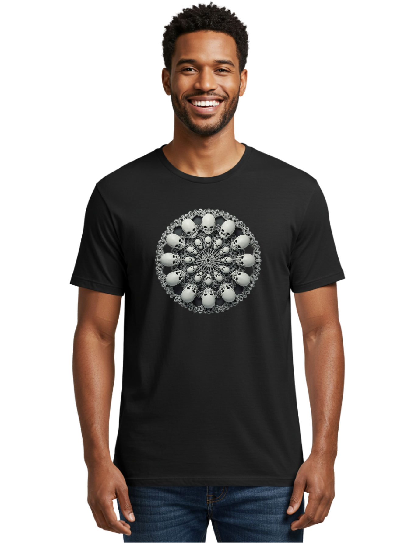 Skull-Mandala Men'S Graphic Tee, 100% Cotton, Comfortable Casual Summer Wear, Machine Washable, Mandala Design, Skull Art, Intricate Patterns, White Skulls, Mystical Symbols, Hypnotic Visuals, Geometric Shapes, Ornate Details, Abstract Art, Bad602