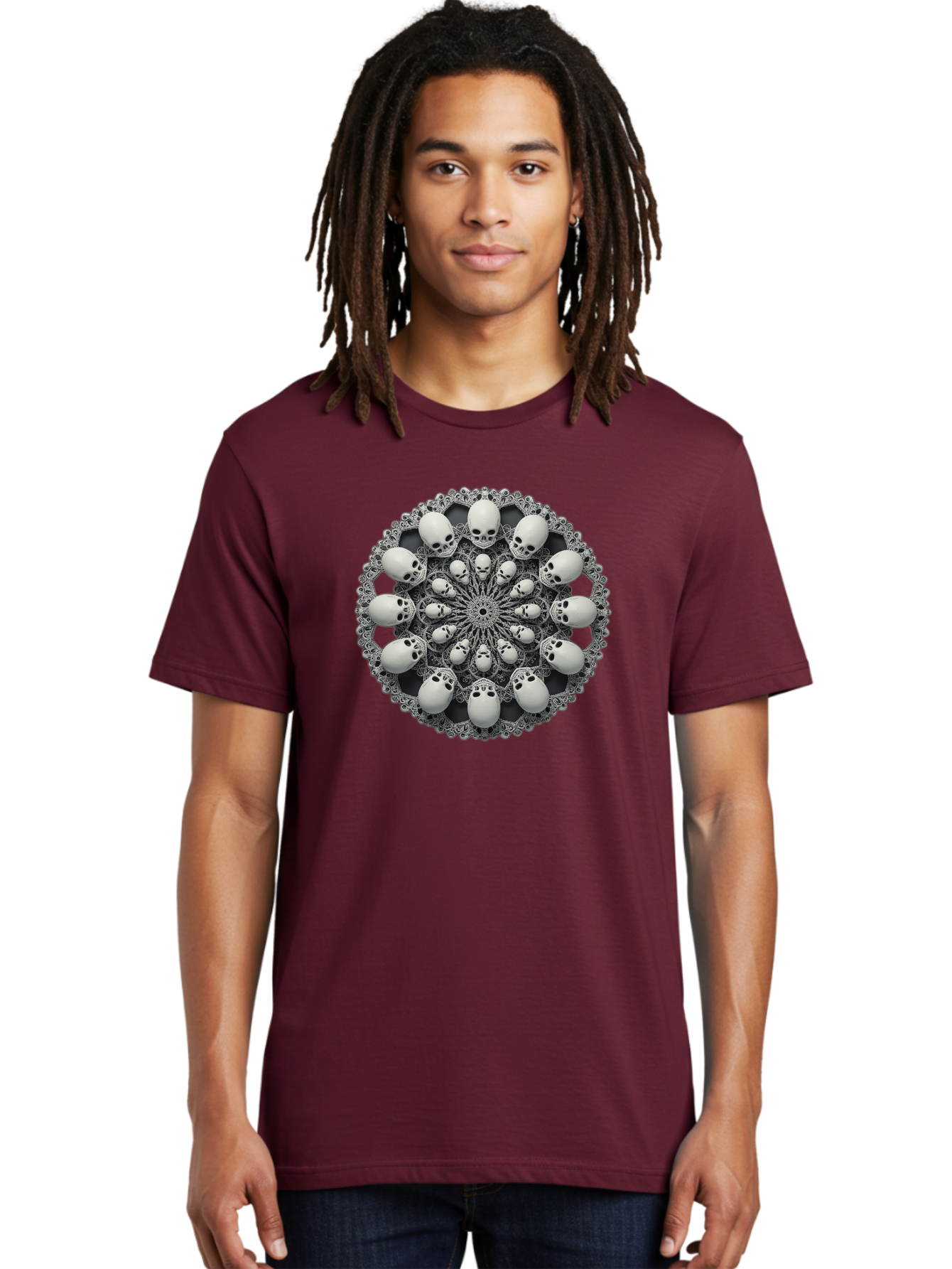 Skull-Mandala Men'S Graphic Tee, 100% Cotton, Comfortable Casual Summer Wear, Machine Washable, Mandala Design, Skull Art, Intricate Patterns, White Skulls, Mystical Symbols, Hypnotic Visuals, Geometric Shapes, Ornate Details, Abstract Art, Bad602
