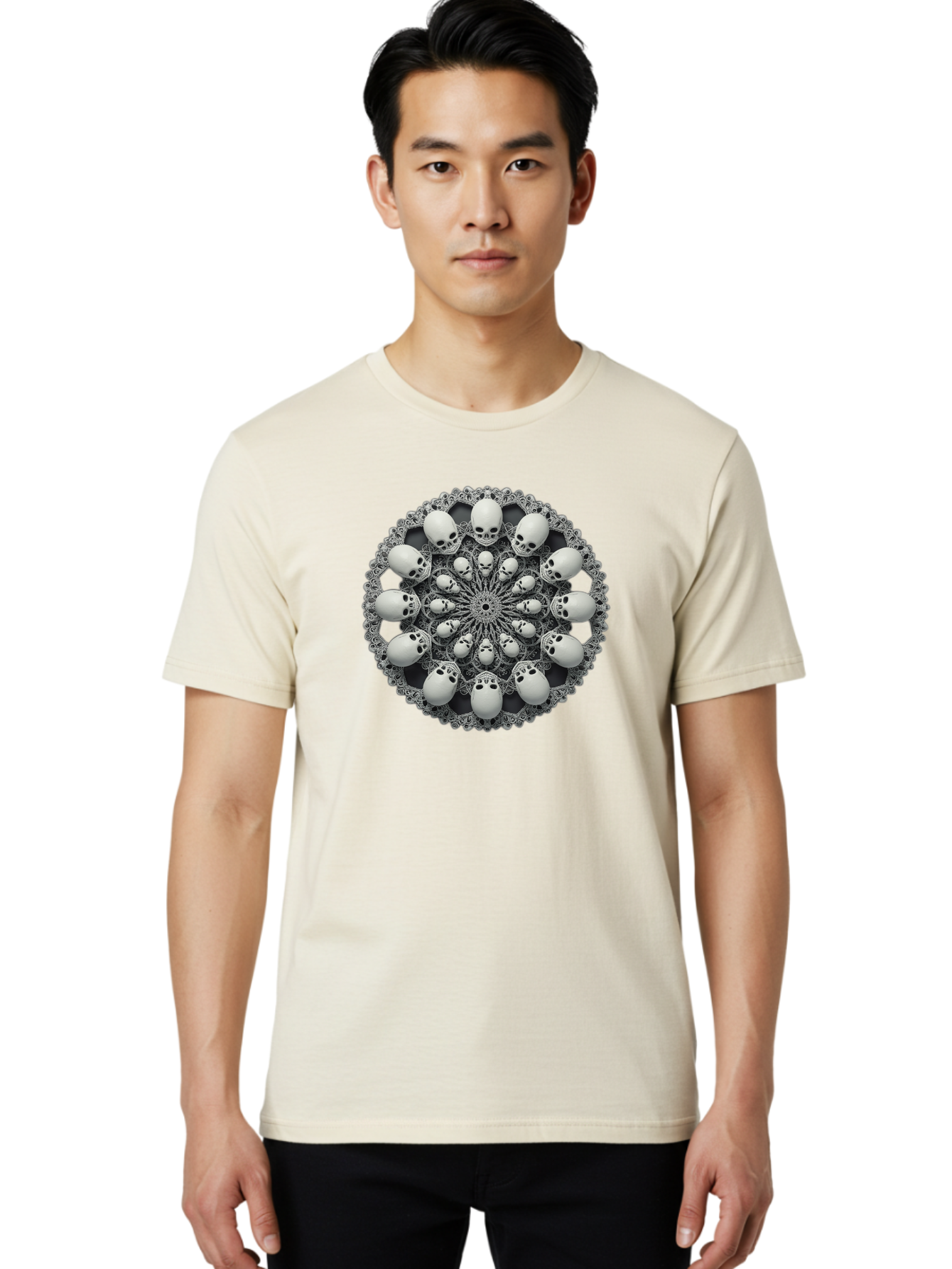 Skull-Mandala Men'S Graphic Tee, 100% Cotton, Comfortable Casual Summer Wear, Machine Washable, Mandala Design, Skull Art, Intricate Patterns, White Skulls, Mystical Symbols, Hypnotic Visuals, Geometric Shapes, Ornate Details, Abstract Art, Bad602