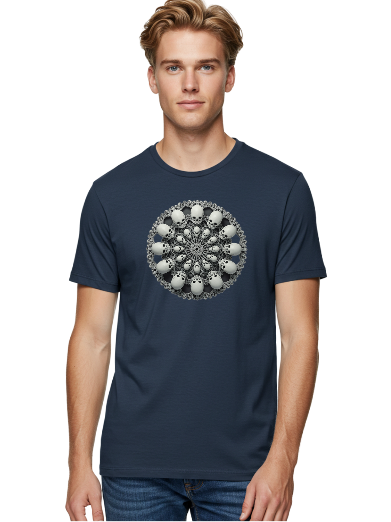 Skull-Mandala Men'S Graphic Tee, 100% Cotton, Comfortable Casual Summer Wear, Machine Washable, Mandala Design, Skull Art, Intricate Patterns, White Skulls, Mystical Symbols, Hypnotic Visuals, Geometric Shapes, Ornate Details, Abstract Art, Bad602