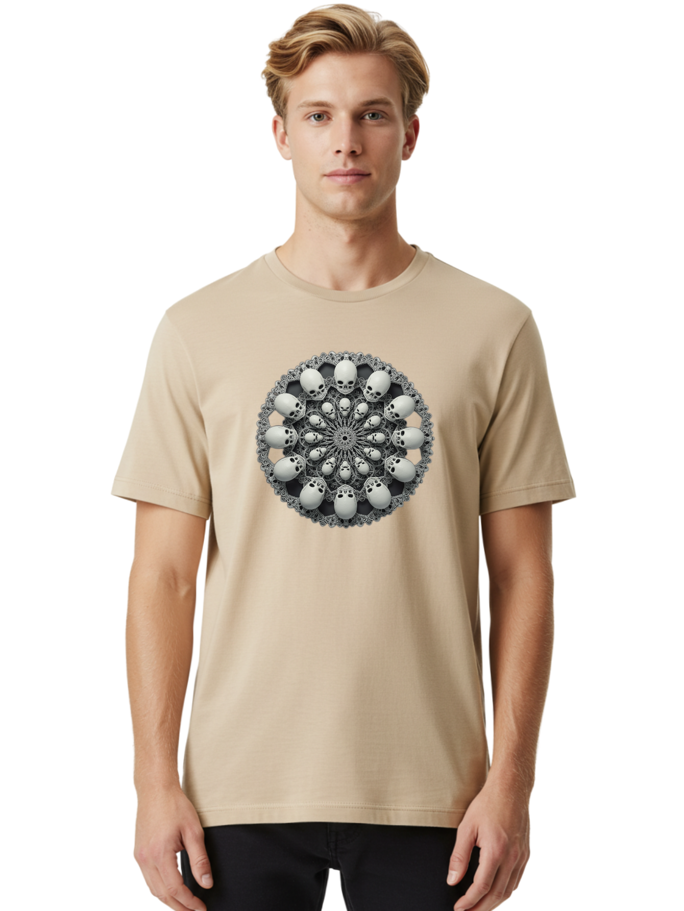 Skull-Mandala Men'S Graphic Tee, 100% Cotton, Comfortable Casual Summer Wear, Machine Washable, Mandala Design, Skull Art, Intricate Patterns, White Skulls, Mystical Symbols, Hypnotic Visuals, Geometric Shapes, Ornate Details, Abstract Art, Bad602