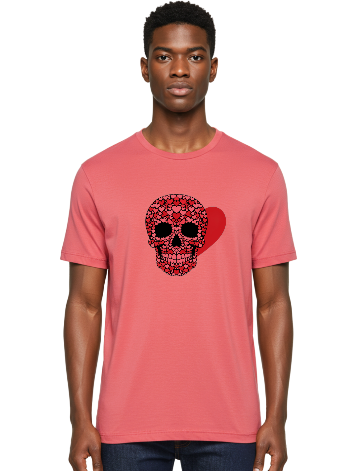 Skull-Of-Hearts Men'S Graphic Tee, 100% Cotton, Comfortable Casual Summer Wear, Machine Washable, Skull With Hearts, Heart-Shaped Skull Design, Sugar Skull Art, Red Hearts, Valentine'S Day Theme, Love Symbol, Heart Pattern, Skull Decoration, Bad603