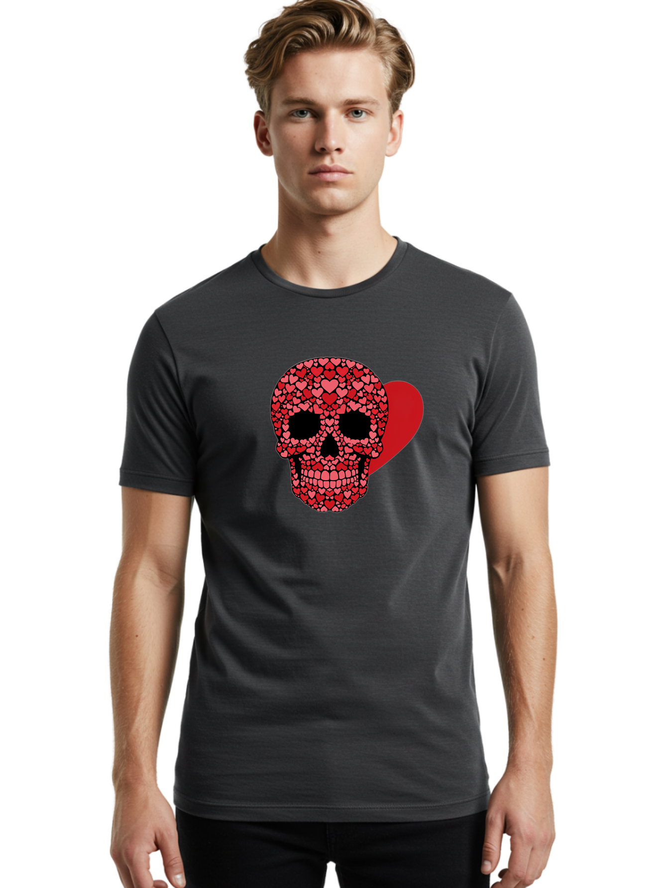 Skull-Of-Hearts Men'S Graphic Tee, 100% Cotton, Comfortable Casual Summer Wear, Machine Washable, Skull With Hearts, Heart-Shaped Skull Design, Sugar Skull Art, Red Hearts, Valentine'S Day Theme, Love Symbol, Heart Pattern, Skull Decoration, Bad603