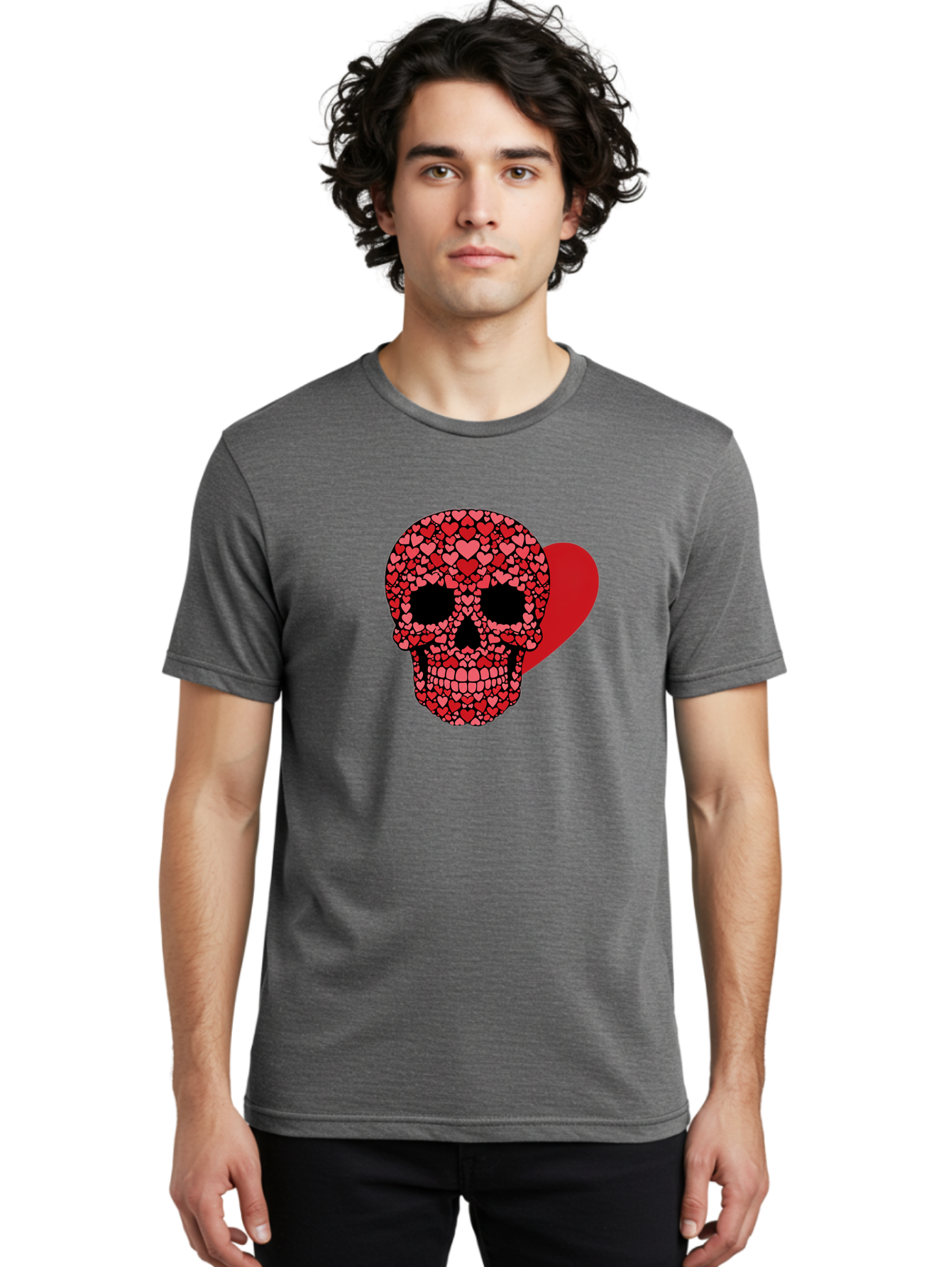 Skull-Of-Hearts Men'S Graphic Tee, 100% Cotton, Comfortable Casual Summer Wear, Machine Washable, Skull With Hearts, Heart-Shaped Skull Design, Sugar Skull Art, Red Hearts, Valentine'S Day Theme, Love Symbol, Heart Pattern, Skull Decoration, Bad603