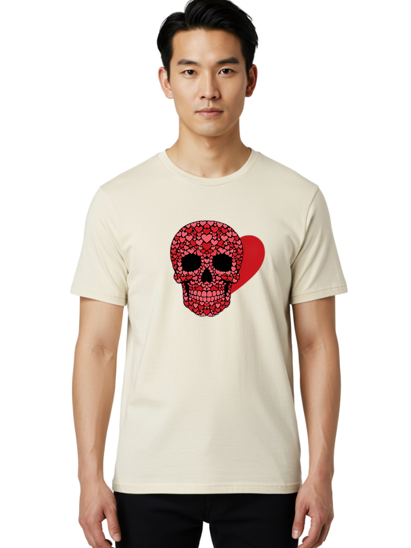Skull-Of-Hearts Men'S Graphic Tee, 100% Cotton, Comfortable Casual Summer Wear, Machine Washable, Skull With Hearts, Heart-Shaped Skull Design, Sugar Skull Art, Red Hearts, Valentine'S Day Theme, Love Symbol, Heart Pattern, Skull Decoration, Bad603