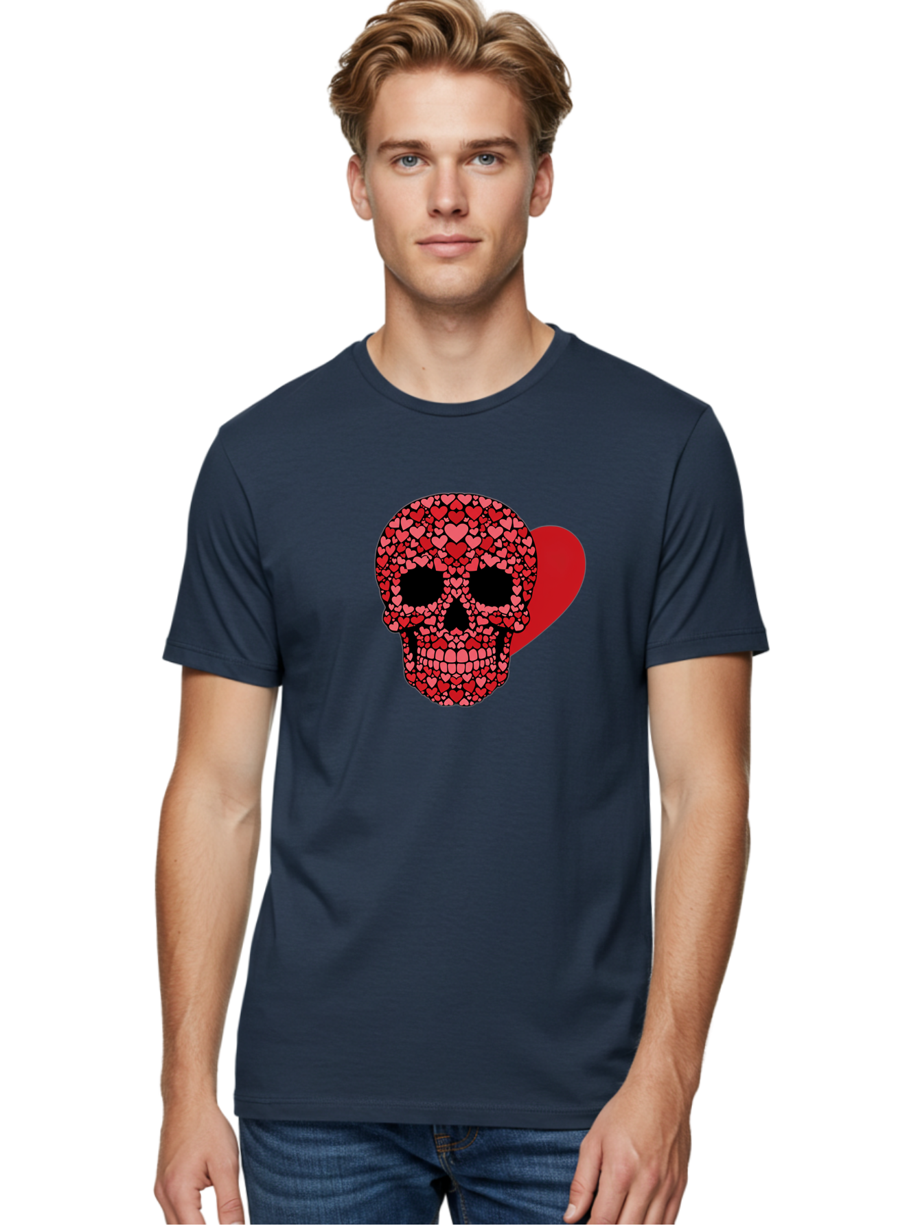 Skull-Of-Hearts Men'S Graphic Tee, 100% Cotton, Comfortable Casual Summer Wear, Machine Washable, Skull With Hearts, Heart-Shaped Skull Design, Sugar Skull Art, Red Hearts, Valentine'S Day Theme, Love Symbol, Heart Pattern, Skull Decoration, Bad603