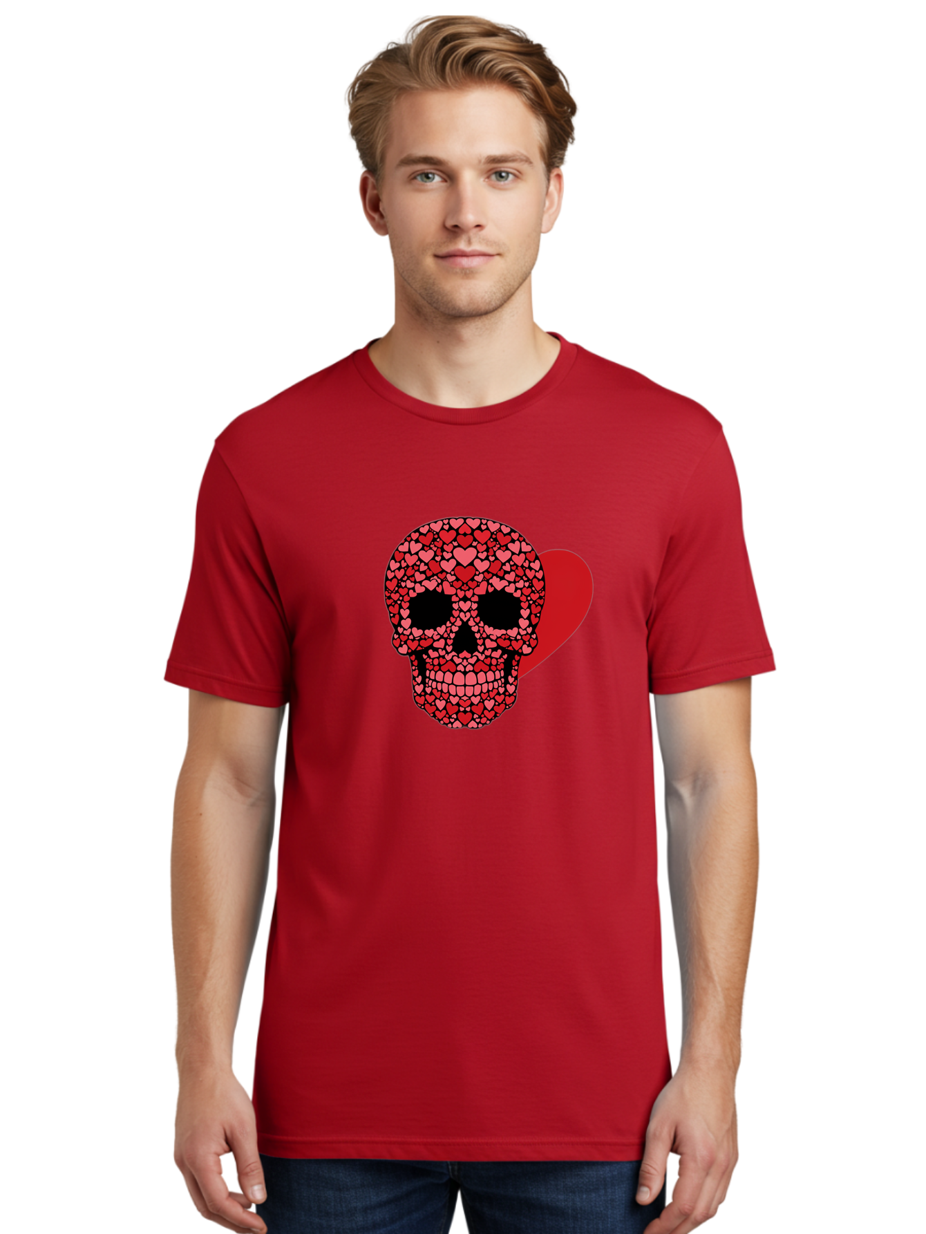 Skull-Of-Hearts Men'S Graphic Tee, 100% Cotton, Comfortable Casual Summer Wear, Machine Washable, Skull With Hearts, Heart-Shaped Skull Design, Sugar Skull Art, Red Hearts, Valentine'S Day Theme, Love Symbol, Heart Pattern, Skull Decoration, Bad603