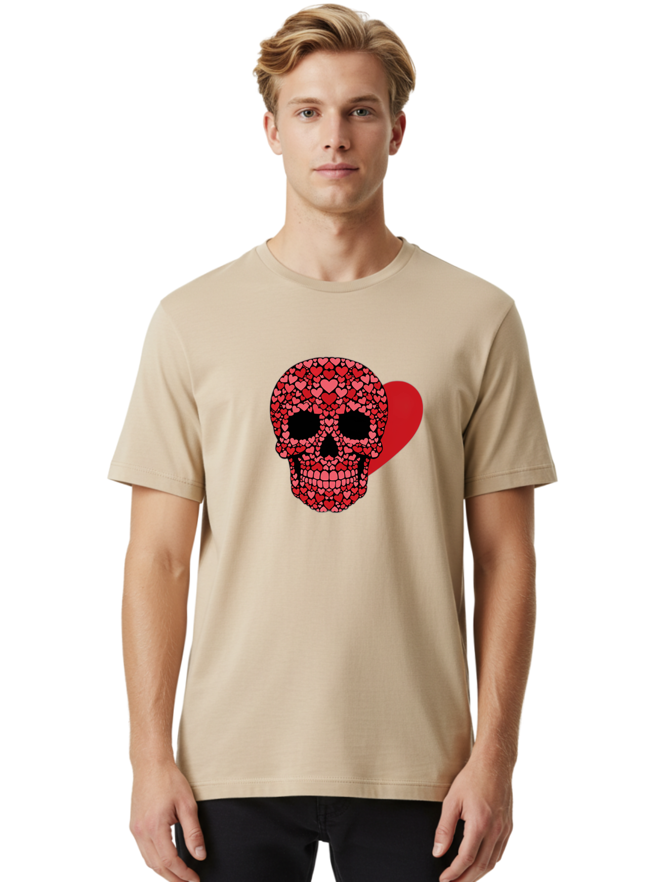 Skull-Of-Hearts Men'S Graphic Tee, 100% Cotton, Comfortable Casual Summer Wear, Machine Washable, Skull With Hearts, Heart-Shaped Skull Design, Sugar Skull Art, Red Hearts, Valentine'S Day Theme, Love Symbol, Heart Pattern, Skull Decoration, Bad603