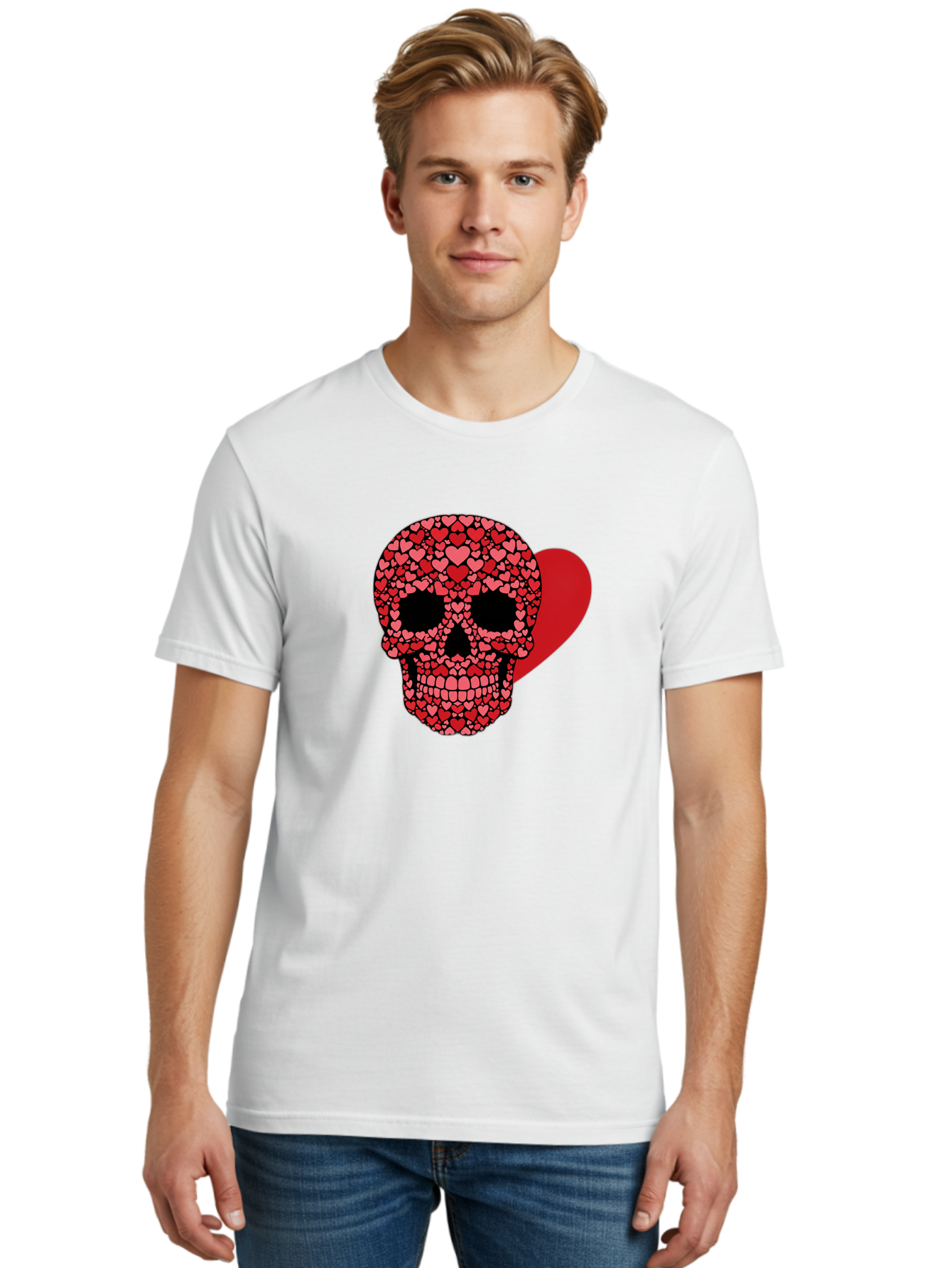 Skull-Of-Hearts Men'S Graphic Tee, 100% Cotton, Comfortable Casual Summer Wear, Machine Washable, Skull With Hearts, Heart-Shaped Skull Design, Sugar Skull Art, Red Hearts, Valentine'S Day Theme, Love Symbol, Heart Pattern, Skull Decoration, Bad603