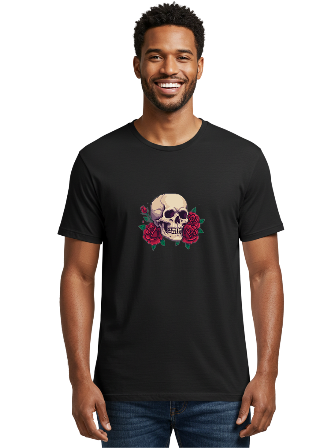 Skull-Pixel-Art Men'S Graphic Tee, 100% Cotton, Comfortable Casual Summer Wear, Machine Washable, Human Skull, Red Roses, Pixel Art, Gothic Style, Dark Beauty, Skull Decoration, Floral Skull, Goth Aesthetic, Pixelated Skull Bad604