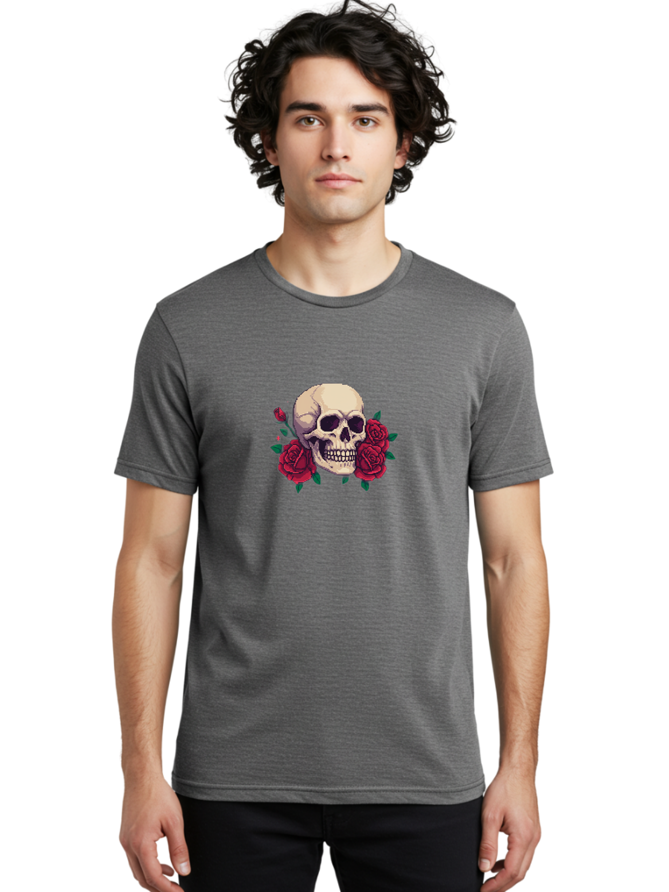 Skull-Pixel-Art Men'S Graphic Tee, 100% Cotton, Comfortable Casual Summer Wear, Machine Washable, Human Skull, Red Roses, Pixel Art, Gothic Style, Dark Beauty, Skull Decoration, Floral Skull, Goth Aesthetic, Pixelated Skull Bad604