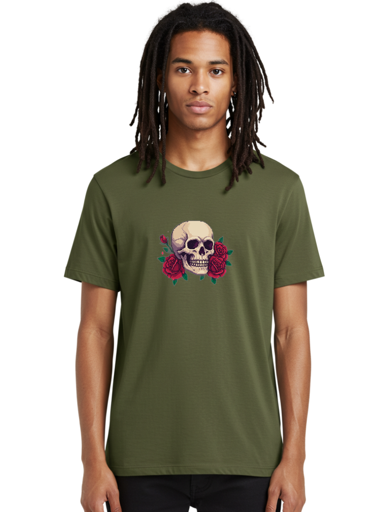 Skull-Pixel-Art Men'S Graphic Tee, 100% Cotton, Comfortable Casual Summer Wear, Machine Washable, Human Skull, Red Roses, Pixel Art, Gothic Style, Dark Beauty, Skull Decoration, Floral Skull, Goth Aesthetic, Pixelated Skull Bad604