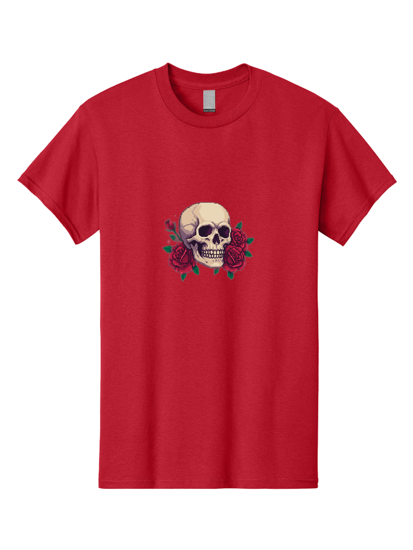 Skull-Pixel-Art Men'S Graphic Tee, 100% Cotton, Comfortable Casual Summer Wear, Machine Washable, Human Skull, Red Roses, Pixel Art, Gothic Style, Dark Beauty, Skull Decoration, Floral Skull, Goth Aesthetic, Pixelated Skull Bad604