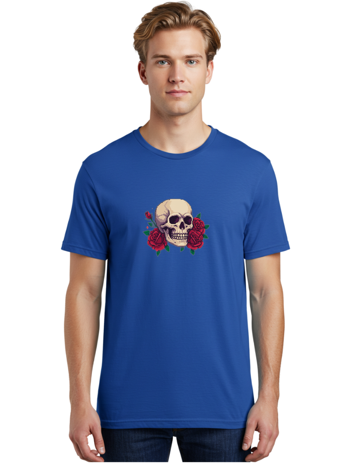 Skull-Pixel-Art Men'S Graphic Tee, 100% Cotton, Comfortable Casual Summer Wear, Machine Washable, Human Skull, Red Roses, Pixel Art, Gothic Style, Dark Beauty, Skull Decoration, Floral Skull, Goth Aesthetic, Pixelated Skull Bad604