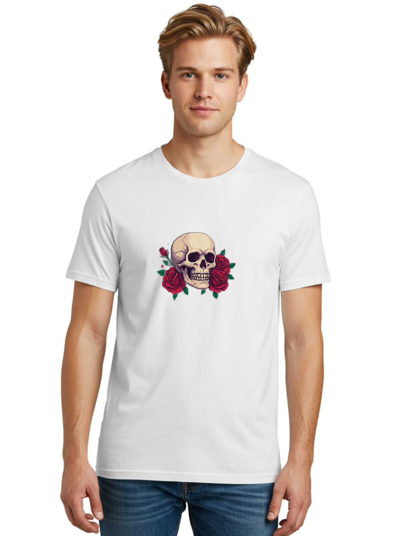 Skull-Pixel-Art Men'S Graphic Tee, 100% Cotton, Comfortable Casual Summer Wear, Machine Washable, Human Skull, Red Roses, Pixel Art, Gothic Style, Dark Beauty, Skull Decoration, Floral Skull, Goth Aesthetic, Pixelated Skull Bad604