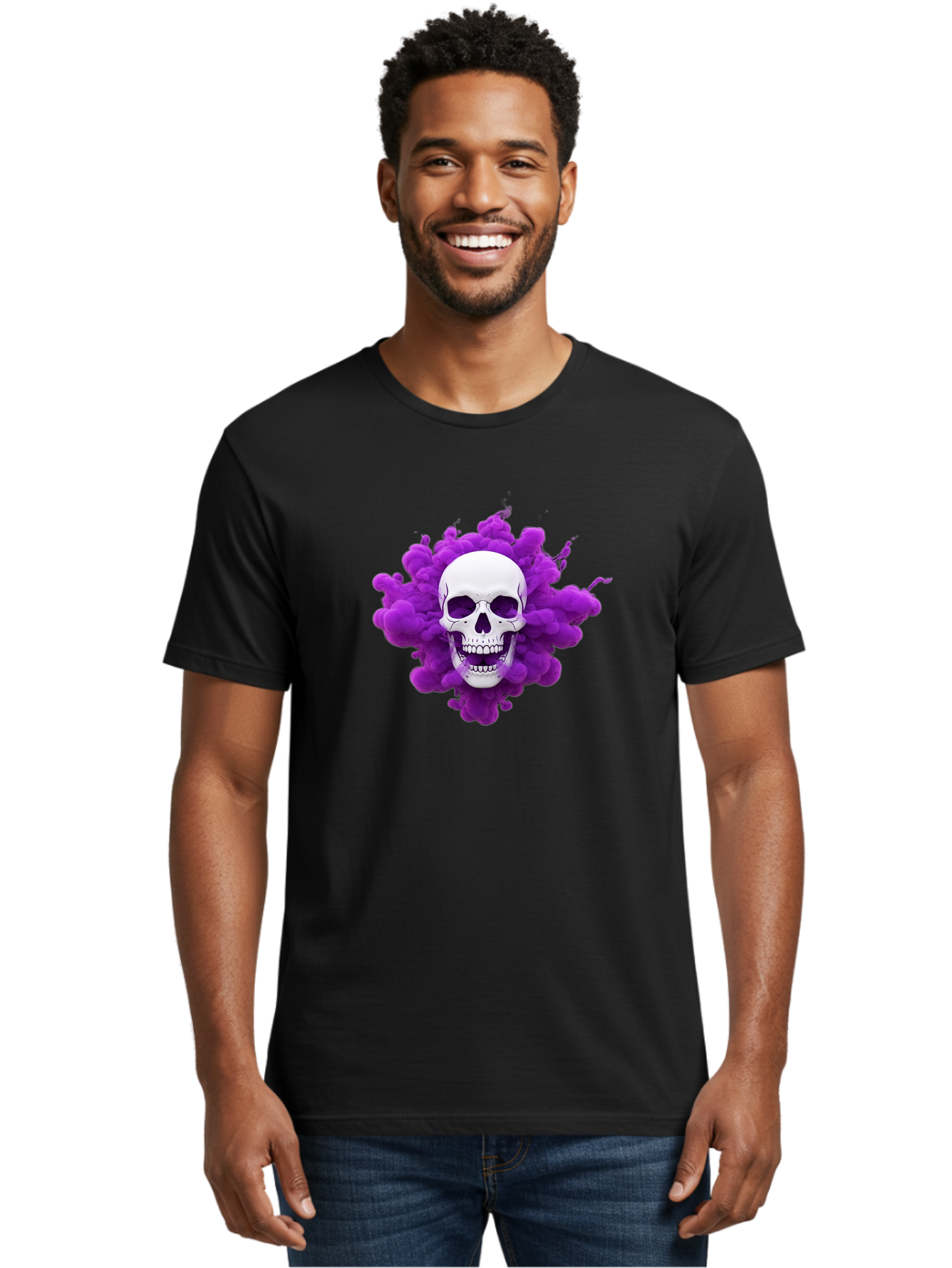 Skull-Purple-Smoke Men'S Graphic Tee, 100% Cotton, Comfortable Casual Summer Wear, Machine Washable, Human Skull, Purple Smoke, Dark Art, Gothic Style, Mysterious Atmosphere, Surreal Imagery, Edgy Design, Vibrant Purple Hue Bad605