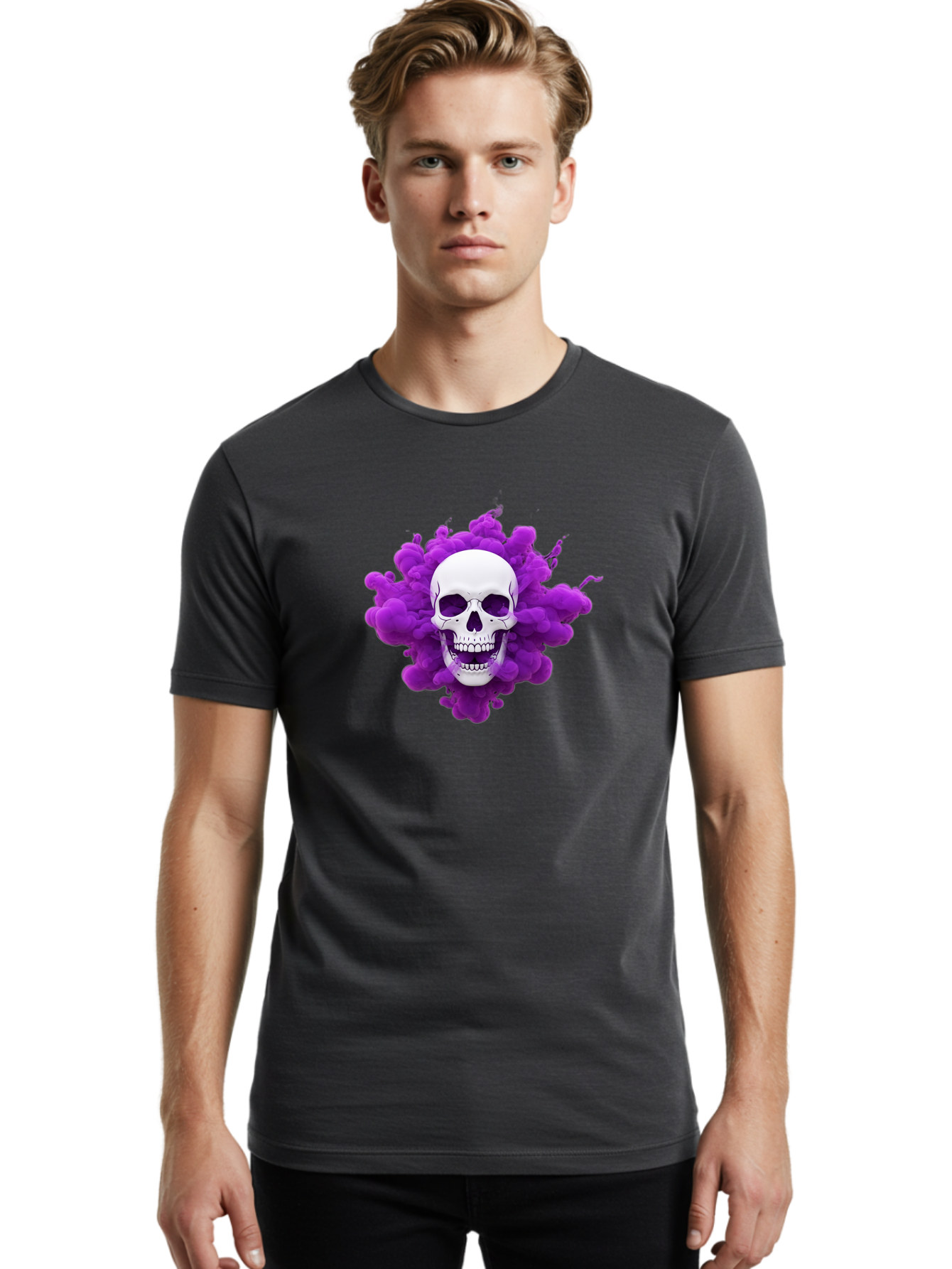 Skull-Purple-Smoke Men'S Graphic Tee, 100% Cotton, Comfortable Casual Summer Wear, Machine Washable, Human Skull, Purple Smoke, Dark Art, Gothic Style, Mysterious Atmosphere, Surreal Imagery, Edgy Design, Vibrant Purple Hue Bad605