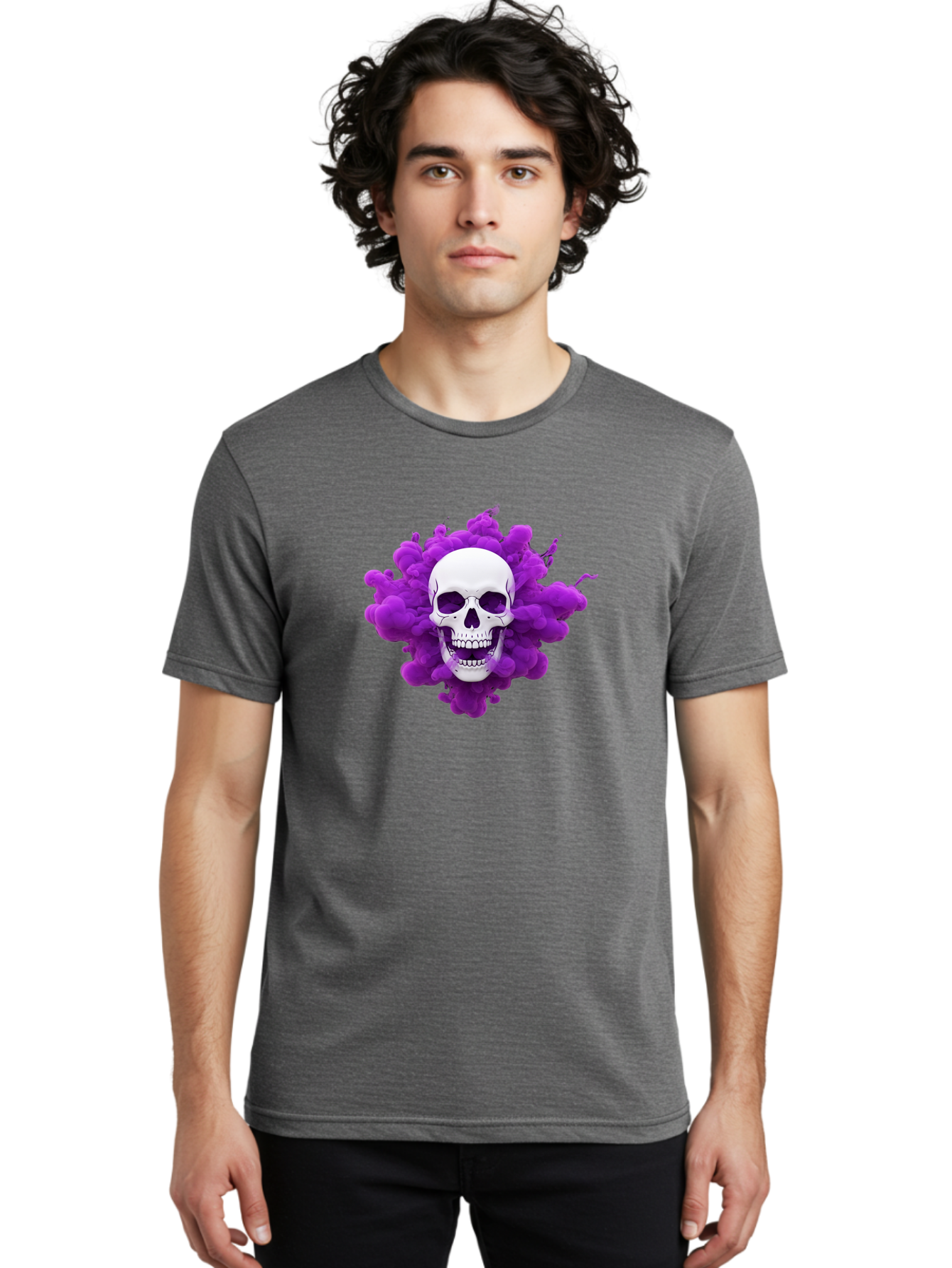 Skull-Purple-Smoke Men'S Graphic Tee, 100% Cotton, Comfortable Casual Summer Wear, Machine Washable, Human Skull, Purple Smoke, Dark Art, Gothic Style, Mysterious Atmosphere, Surreal Imagery, Edgy Design, Vibrant Purple Hue Bad605