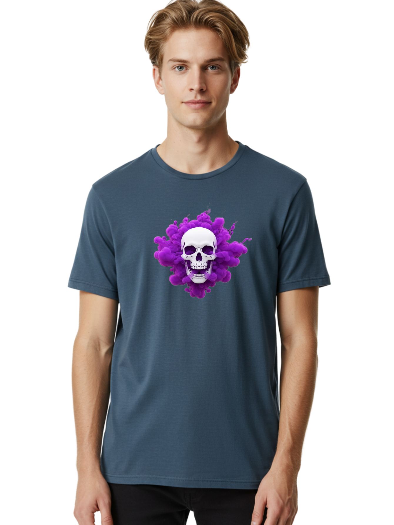 Skull-Purple-Smoke Men'S Graphic Tee, 100% Cotton, Comfortable Casual Summer Wear, Machine Washable, Human Skull, Purple Smoke, Dark Art, Gothic Style, Mysterious Atmosphere, Surreal Imagery, Edgy Design, Vibrant Purple Hue Bad605