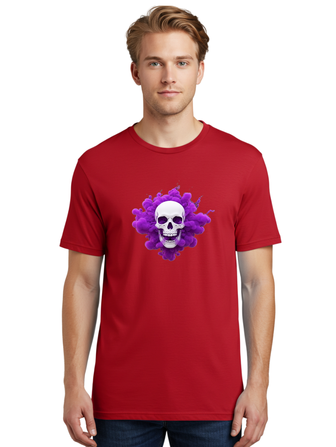 Skull-Purple-Smoke Men'S Graphic Tee, 100% Cotton, Comfortable Casual Summer Wear, Machine Washable, Human Skull, Purple Smoke, Dark Art, Gothic Style, Mysterious Atmosphere, Surreal Imagery, Edgy Design, Vibrant Purple Hue Bad605