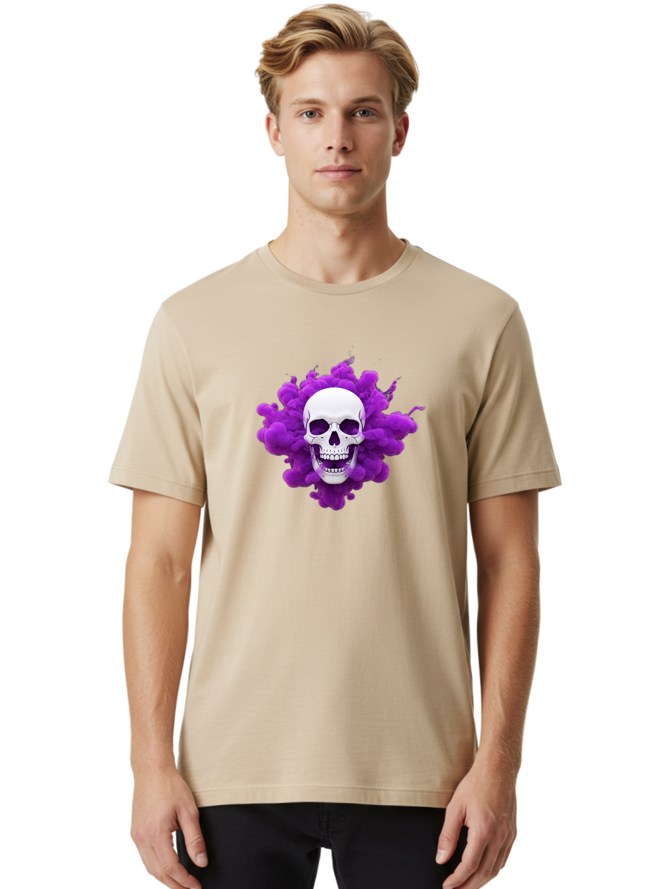 Skull-Purple-Smoke Men'S Graphic Tee, 100% Cotton, Comfortable Casual Summer Wear, Machine Washable, Human Skull, Purple Smoke, Dark Art, Gothic Style, Mysterious Atmosphere, Surreal Imagery, Edgy Design, Vibrant Purple Hue Bad605