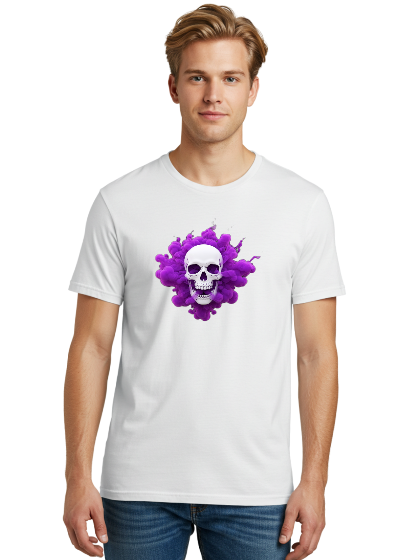 Skull-Purple-Smoke Men'S Graphic Tee, 100% Cotton, Comfortable Casual Summer Wear, Machine Washable, Human Skull, Purple Smoke, Dark Art, Gothic Style, Mysterious Atmosphere, Surreal Imagery, Edgy Design, Vibrant Purple Hue Bad605