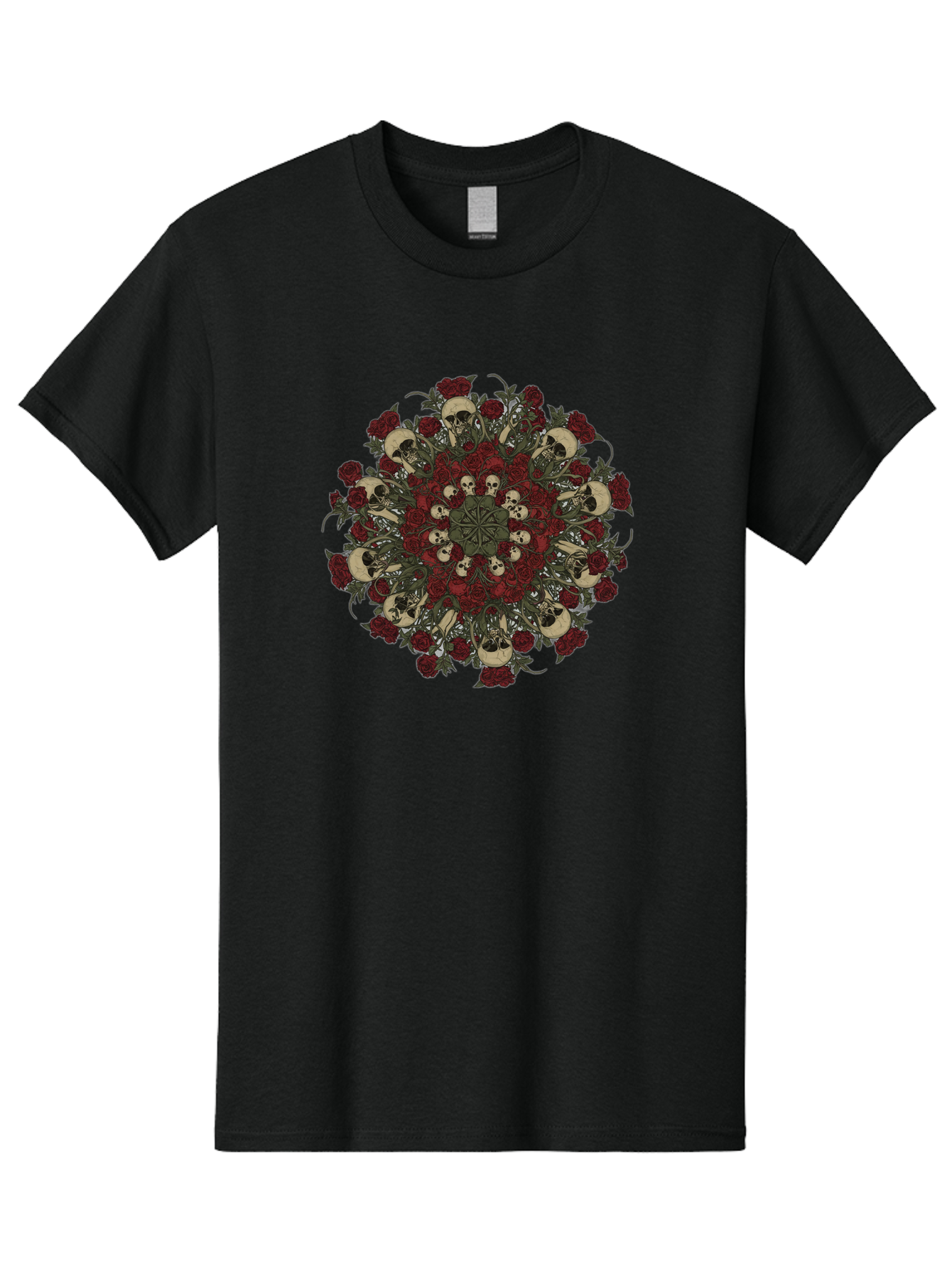 Skull-Rose-Mandala Men'S Graphic Tee, 100% Cotton, Comfortable Casual Summer Wear, Machine Washable, Skull Mandala, Dark Art, Floral Design, Red Roses, Skulls And Flowers, Intricate Patterns, Gothic Style, Mystical Symbols, Sacred Geometry, Bad606