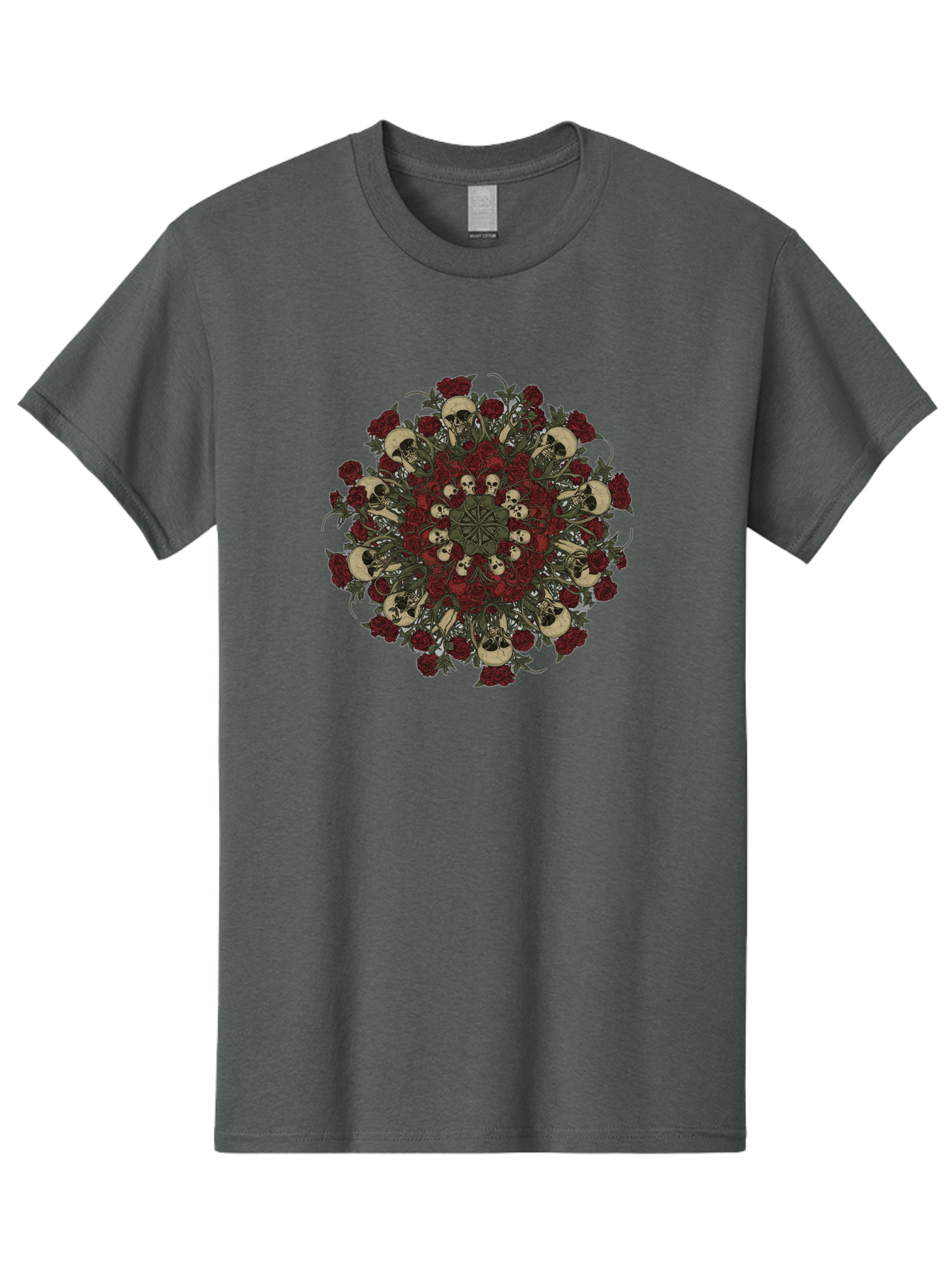 Skull-Rose-Mandala Men'S Graphic Tee, 100% Cotton, Comfortable Casual Summer Wear, Machine Washable, Skull Mandala, Dark Art, Floral Design, Red Roses, Skulls And Flowers, Intricate Patterns, Gothic Style, Mystical Symbols, Sacred Geometry, Bad606