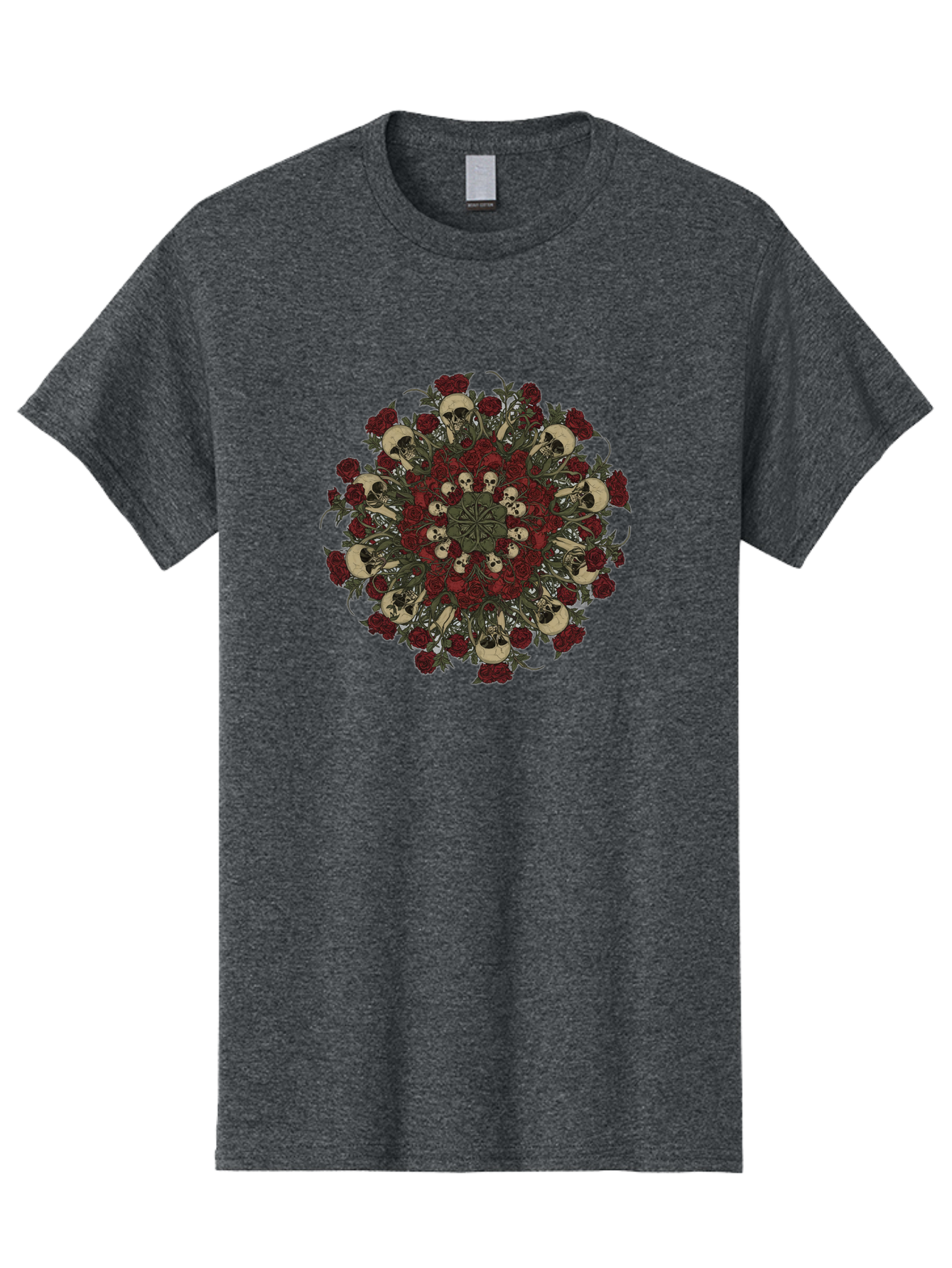 Skull-Rose-Mandala Men'S Graphic Tee, 100% Cotton, Comfortable Casual Summer Wear, Machine Washable, Skull Mandala, Dark Art, Floral Design, Red Roses, Skulls And Flowers, Intricate Patterns, Gothic Style, Mystical Symbols, Sacred Geometry, Bad606