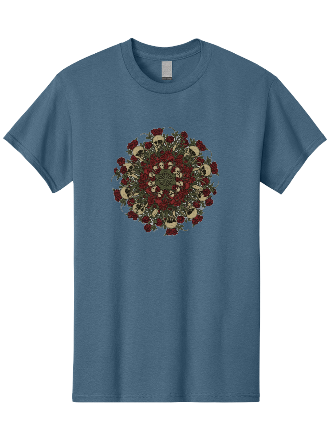 Skull-Rose-Mandala Men'S Graphic Tee, 100% Cotton, Comfortable Casual Summer Wear, Machine Washable, Skull Mandala, Dark Art, Floral Design, Red Roses, Skulls And Flowers, Intricate Patterns, Gothic Style, Mystical Symbols, Sacred Geometry, Bad606