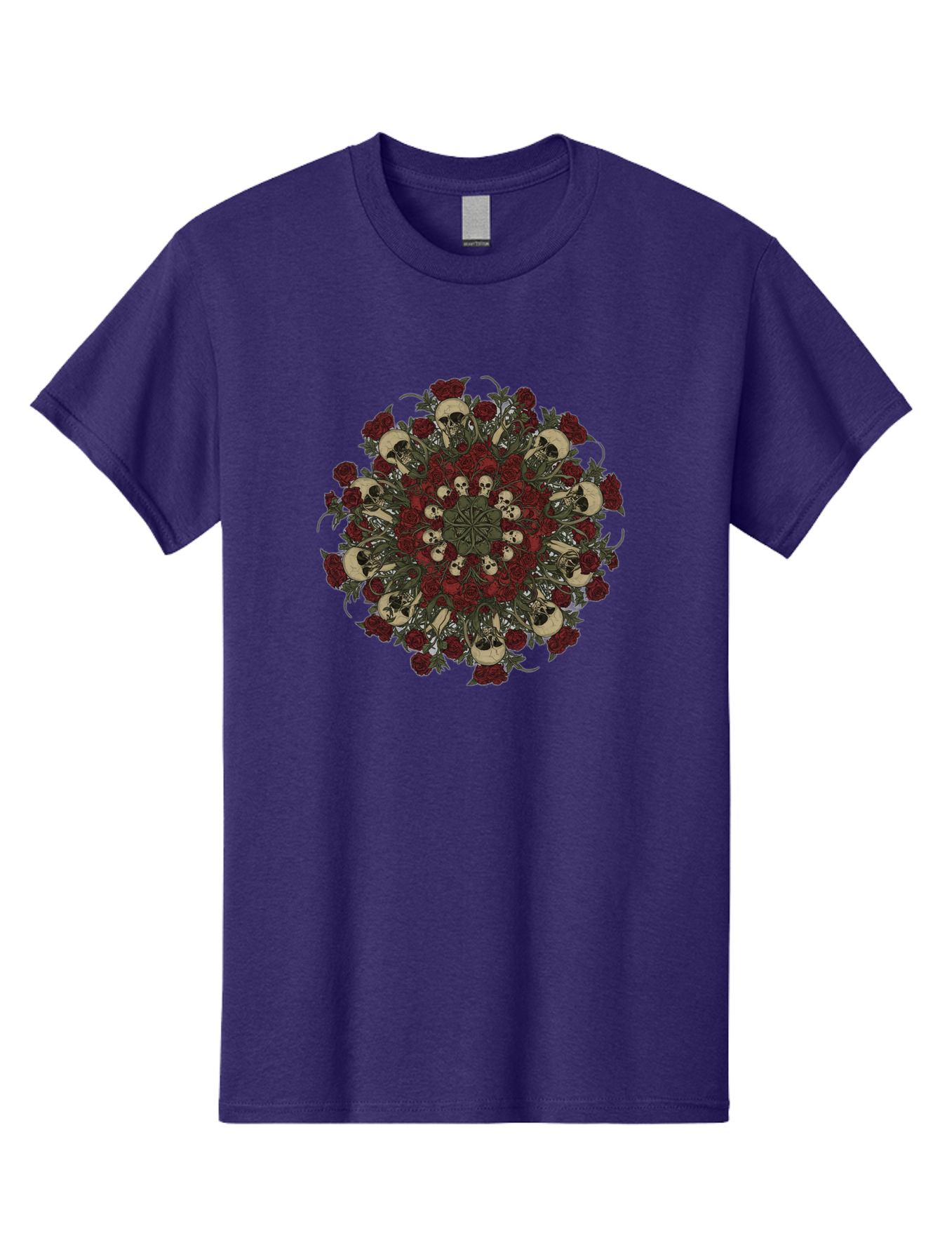 Skull-Rose-Mandala Men'S Graphic Tee, 100% Cotton, Comfortable Casual Summer Wear, Machine Washable, Skull Mandala, Dark Art, Floral Design, Red Roses, Skulls And Flowers, Intricate Patterns, Gothic Style, Mystical Symbols, Sacred Geometry, Bad606
