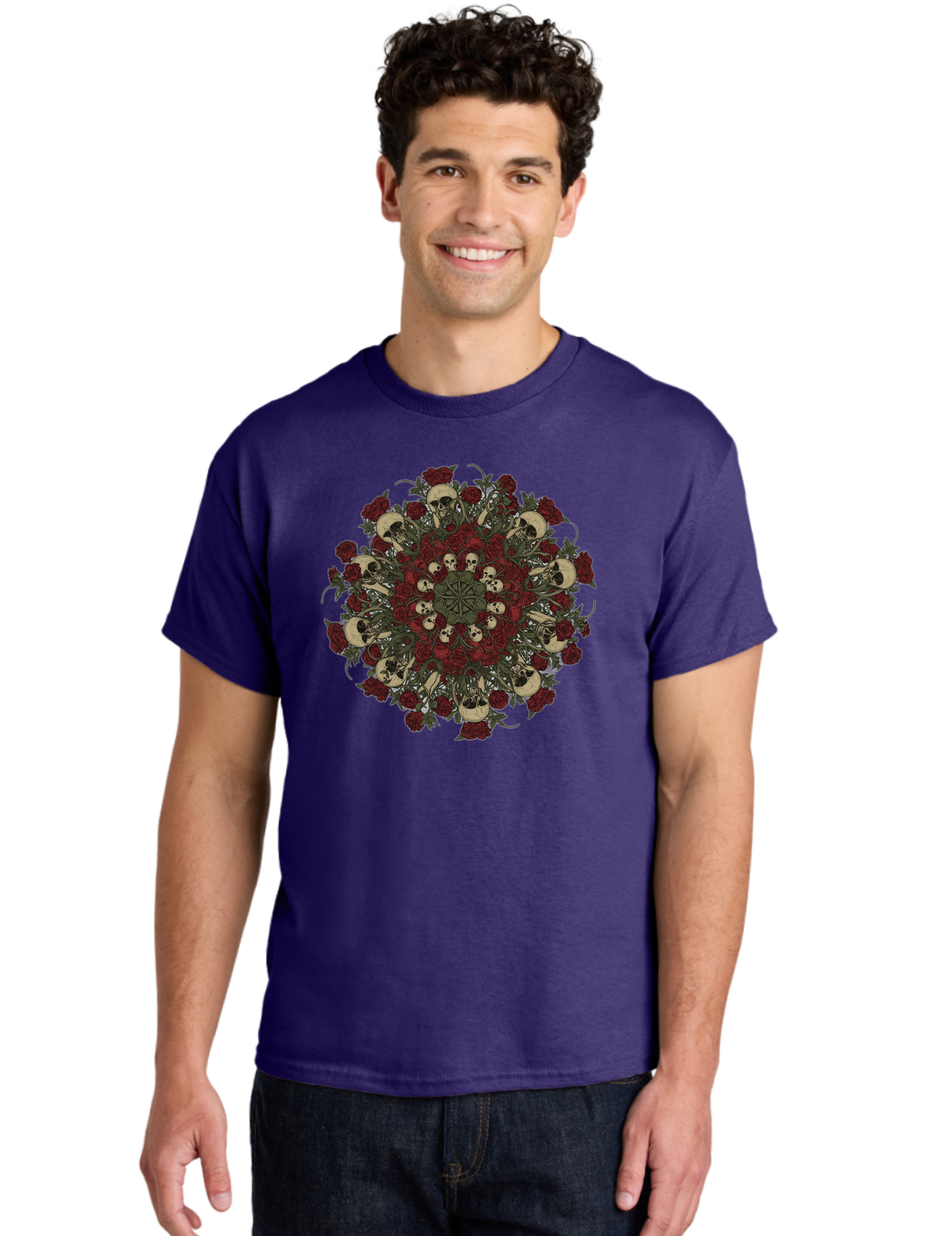 Skull-Rose-Mandala Men'S Graphic Tee, 100% Cotton, Comfortable Casual Summer Wear, Machine Washable, Skull Mandala, Dark Art, Floral Design, Red Roses, Skulls And Flowers, Intricate Patterns, Gothic Style, Mystical Symbols, Sacred Geometry, Bad606