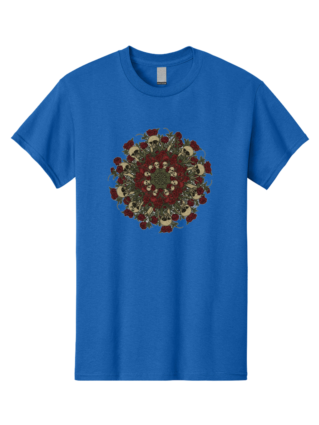 Skull-Rose-Mandala Men'S Graphic Tee, 100% Cotton, Comfortable Casual Summer Wear, Machine Washable, Skull Mandala, Dark Art, Floral Design, Red Roses, Skulls And Flowers, Intricate Patterns, Gothic Style, Mystical Symbols, Sacred Geometry, Bad606